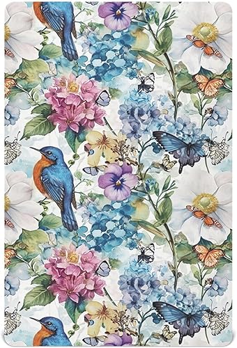 Kigai Sábana bajera ajustable para cuna para niños y niñas, sábana de punto vintage con diseño de flor de pájaro para colchones estándar de cuna y