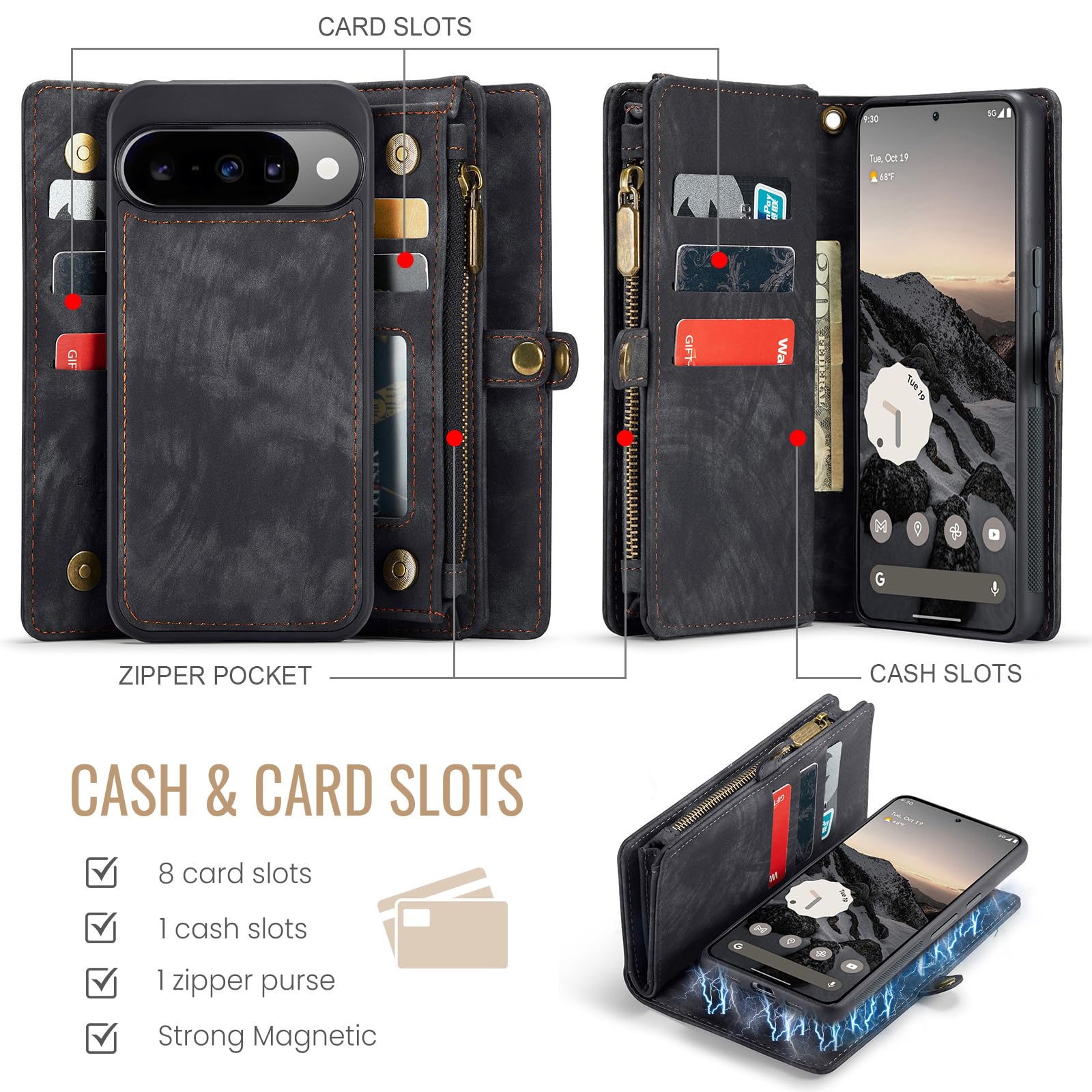 Asuwish Custodia per telefono per Google Pixel 10/10 Pro 5G Portafoglio con cerniera magnetica rimovibile con pellicola protettiva in vetro temperato e porta carte di credito cellulare Pixel10 10Pro