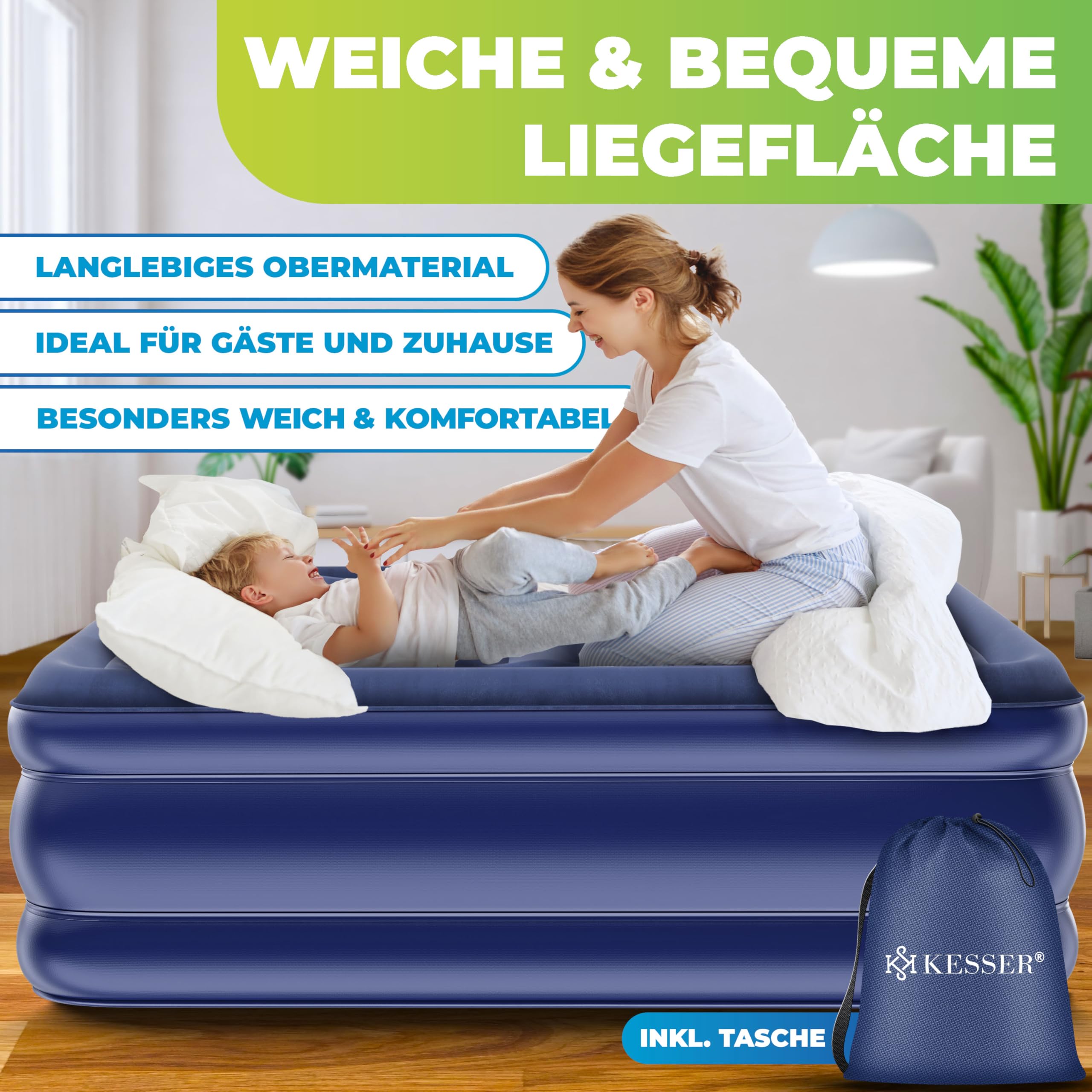 KESSER® Colchón hinchable con bomba eléctrica integrada, colchón de aire para camping o uso doméstico con bolsa, adecuado para 2 personas, 203 x 152,5 x 51 cm