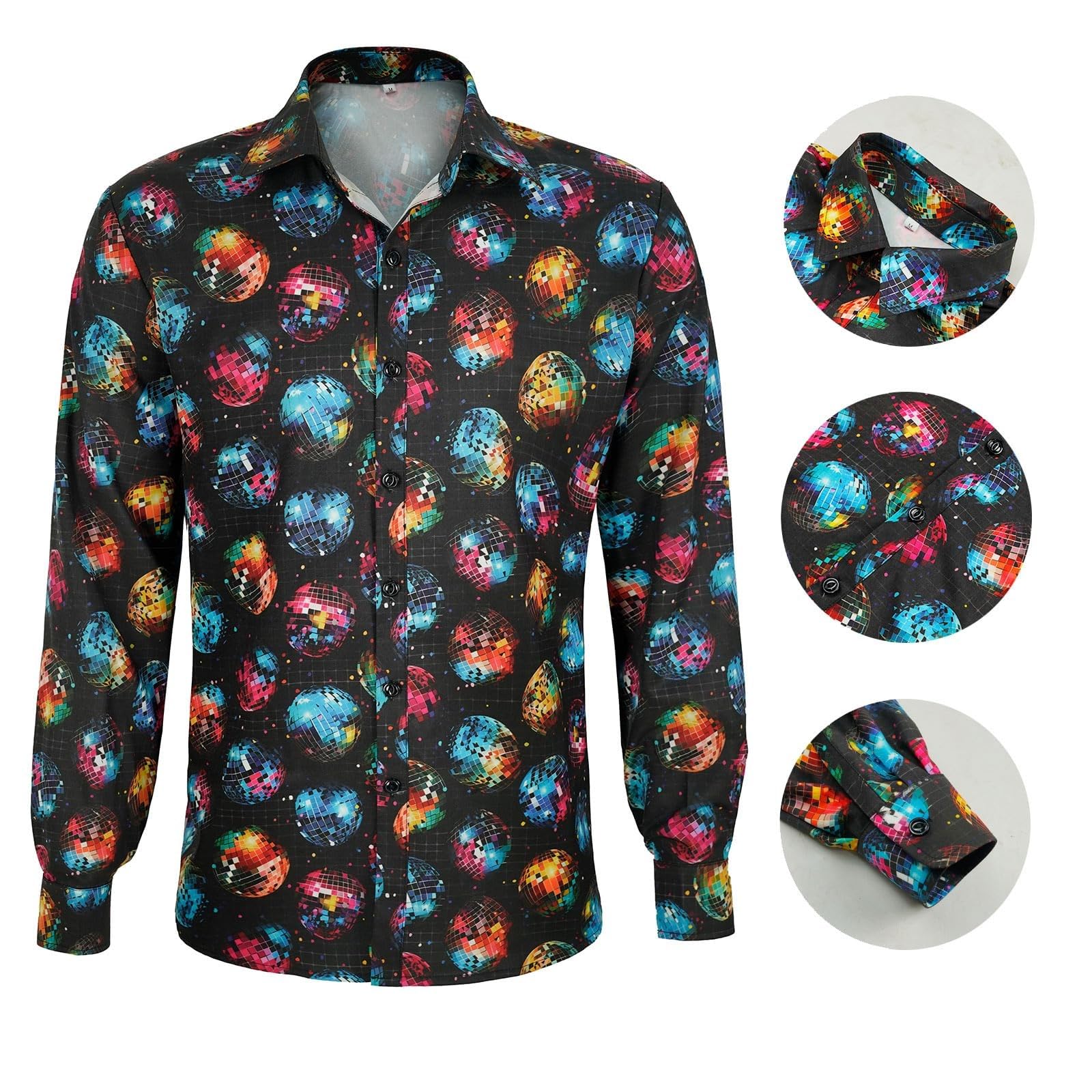 70er Jahre Disco Kostüm Set für Herren 6-teilig mit Hemd Schlaghose Perücke Sonnenbrille Halskette Schnurrbart 60s 70s 80s Party Fasching Halloween Karneval Kostüm