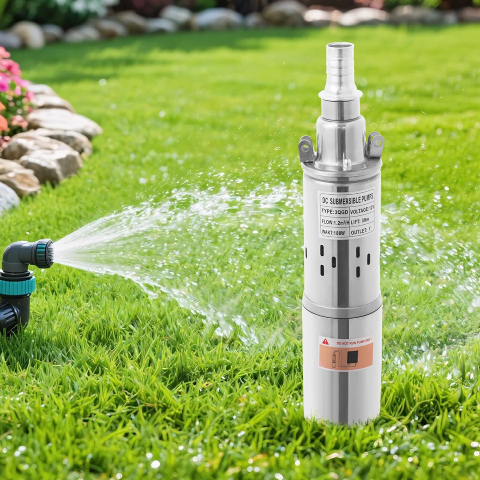 Pompa solare per acqua da 12 V, 180 W, in acciaio inox, pompa per pozzi profondi, 30 m, altezza di erogazione 1,2 m³/h, per irrigazione del giardino, laghetto, fontana, sistema di irrigazione, IP68