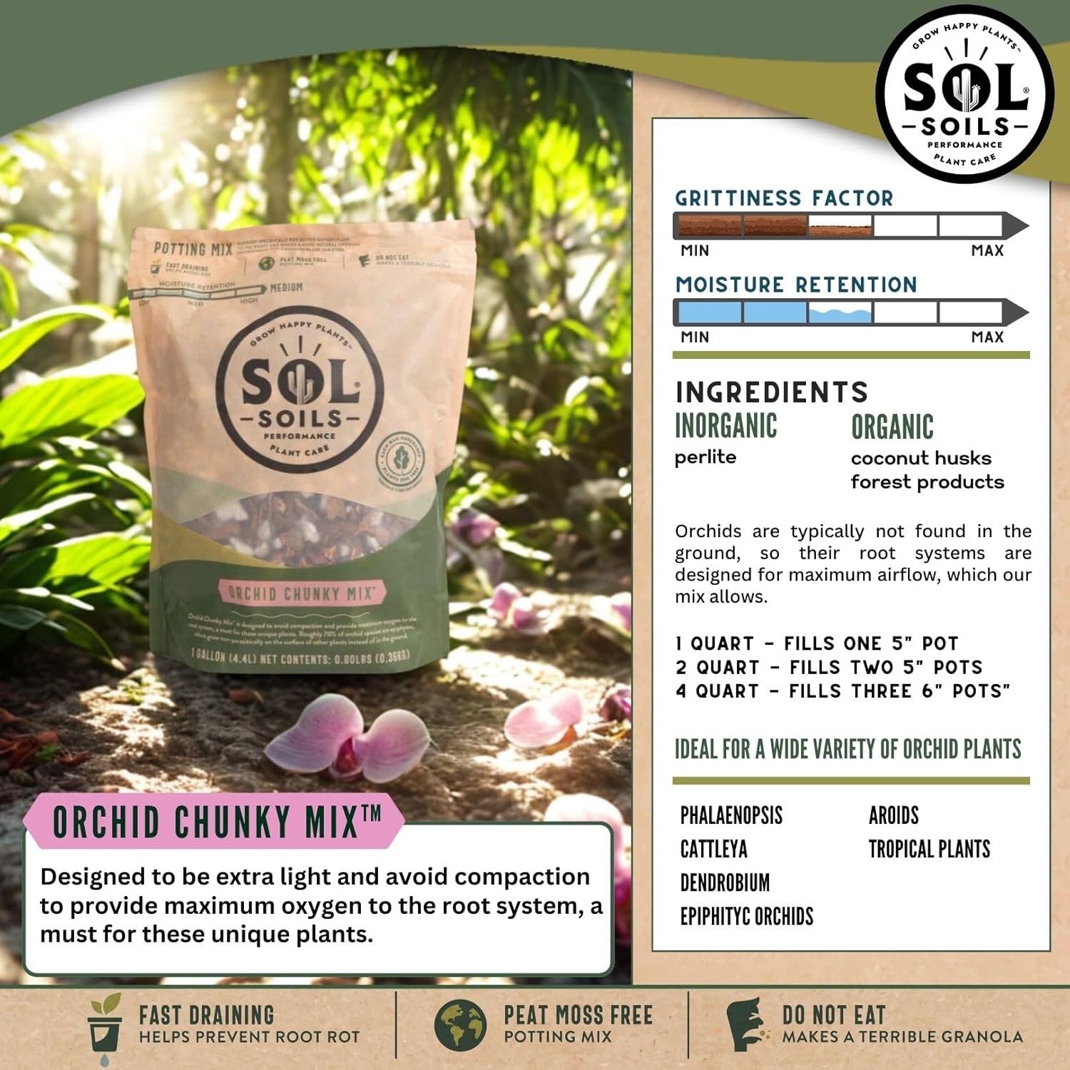 Sol Soils Chunky Orchid Potting Mix - 100% Peat-Free, Lightweight, and Aerated with Coconut Husk, Perlite & Recycled Forest Products for Fast Draining, Healthy Orchids - 2 Quarts