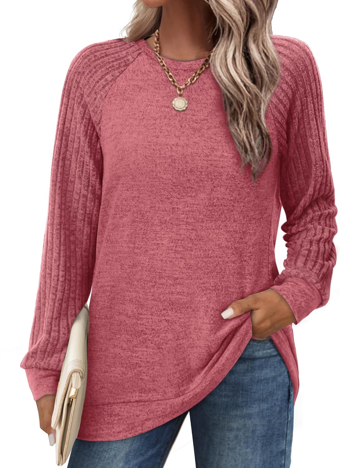 Saloogoe Tunic Sweatshirts for Women Crewneck Lightweight Sweaters Raglan Long Sleeve Shirts Fall Fashion Tops 2025