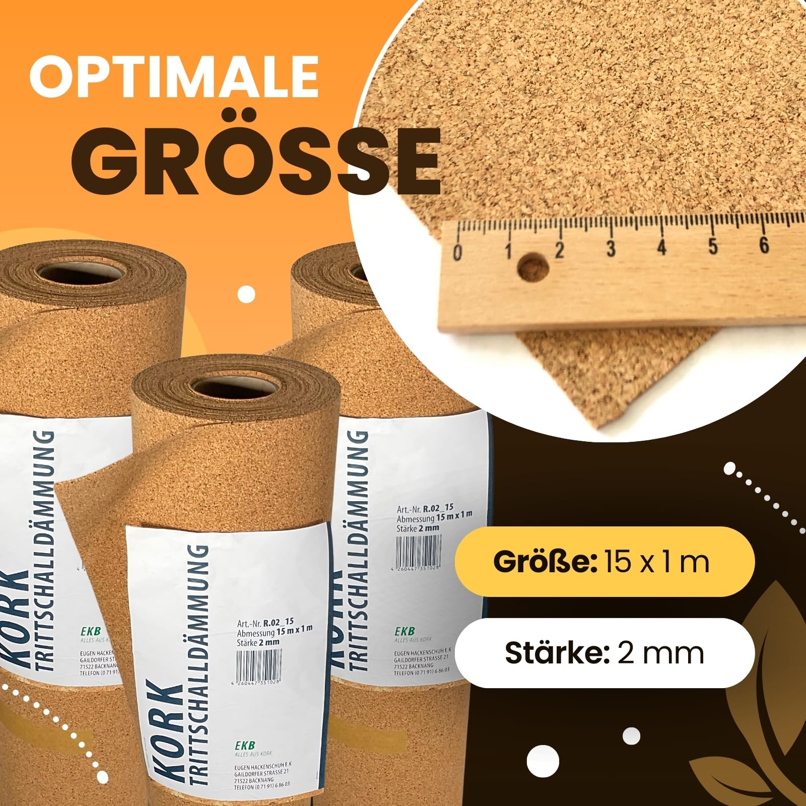 Trittschalldämmung 15x1m 2mm stark I natürliche Dämmunterlage I Rollenkork für Parkett & Laminat I Trittschallreduktion aus nachwachsendem Korkmaterial I Umweltfreundliche Trittschalldämmung