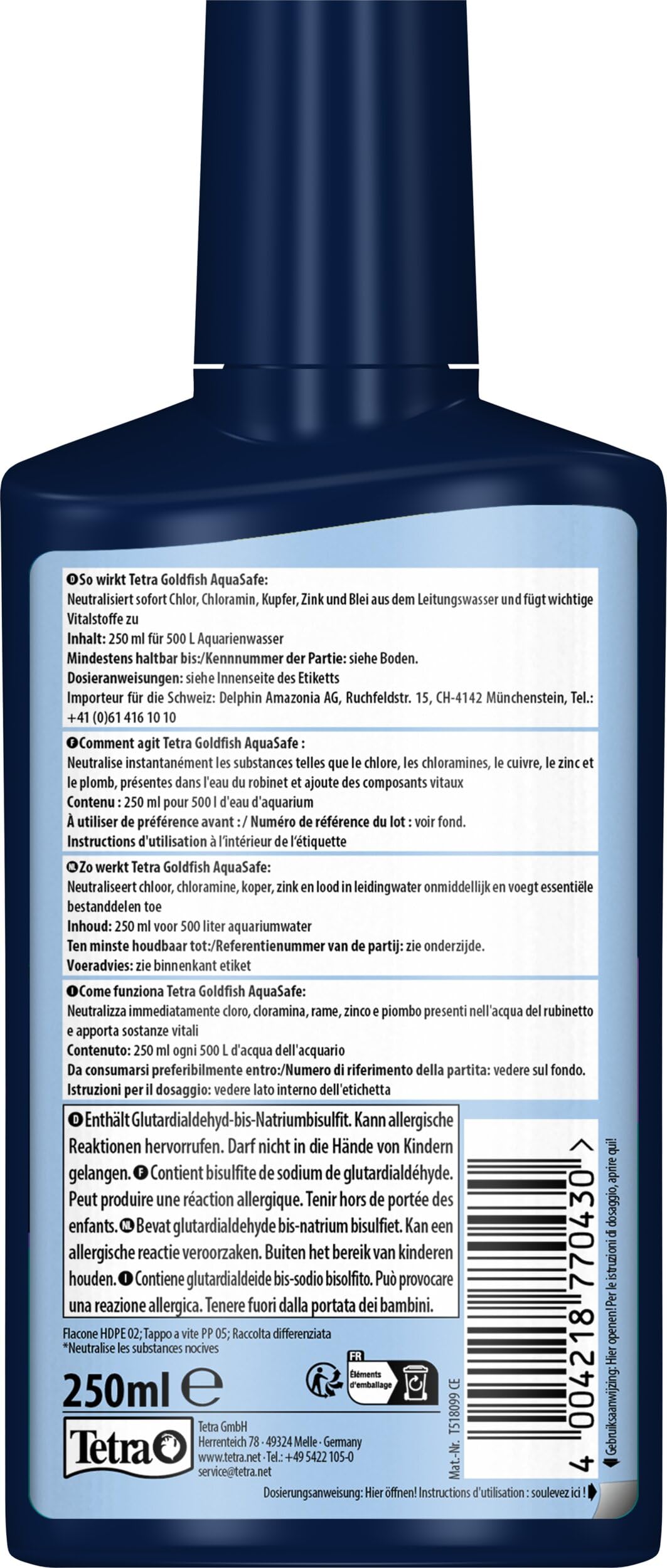 Tetra Goldfish AquaSafe 250 ml, Rende l'Acqua del Rubinetto Sicura per i Pesci