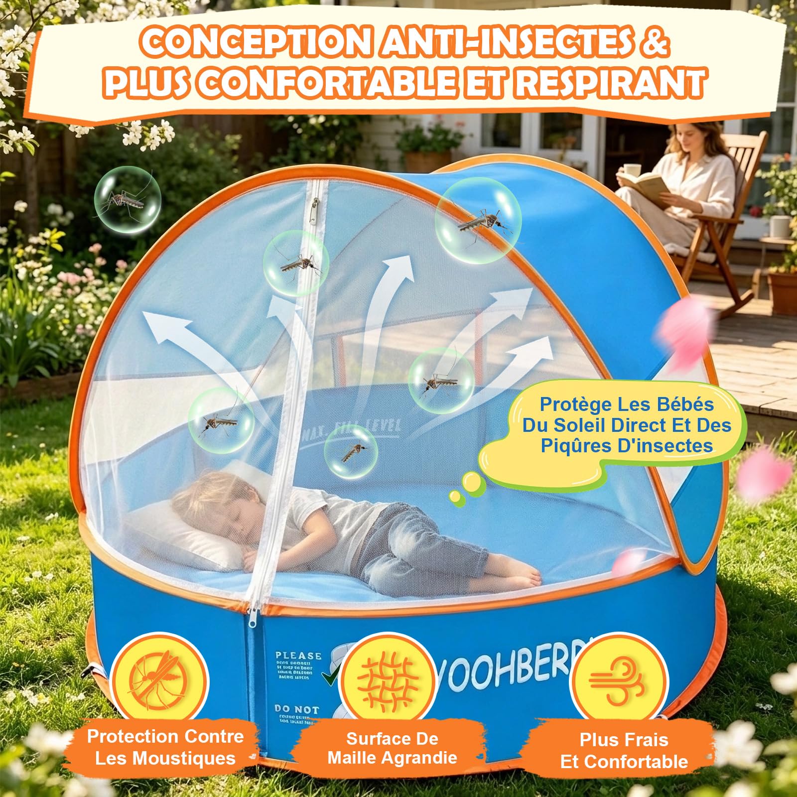 YOOHBERRYS Piscine Bebe avec Pare Soleil 4 en 1, Tente Anti UV Bébé FPS 50+, Tente de Plage Bebe avec Moustiquaire, Pop-Up Piscine de Plage, Petite Piscine Bebe pour Pique-Nique Jardin Plage