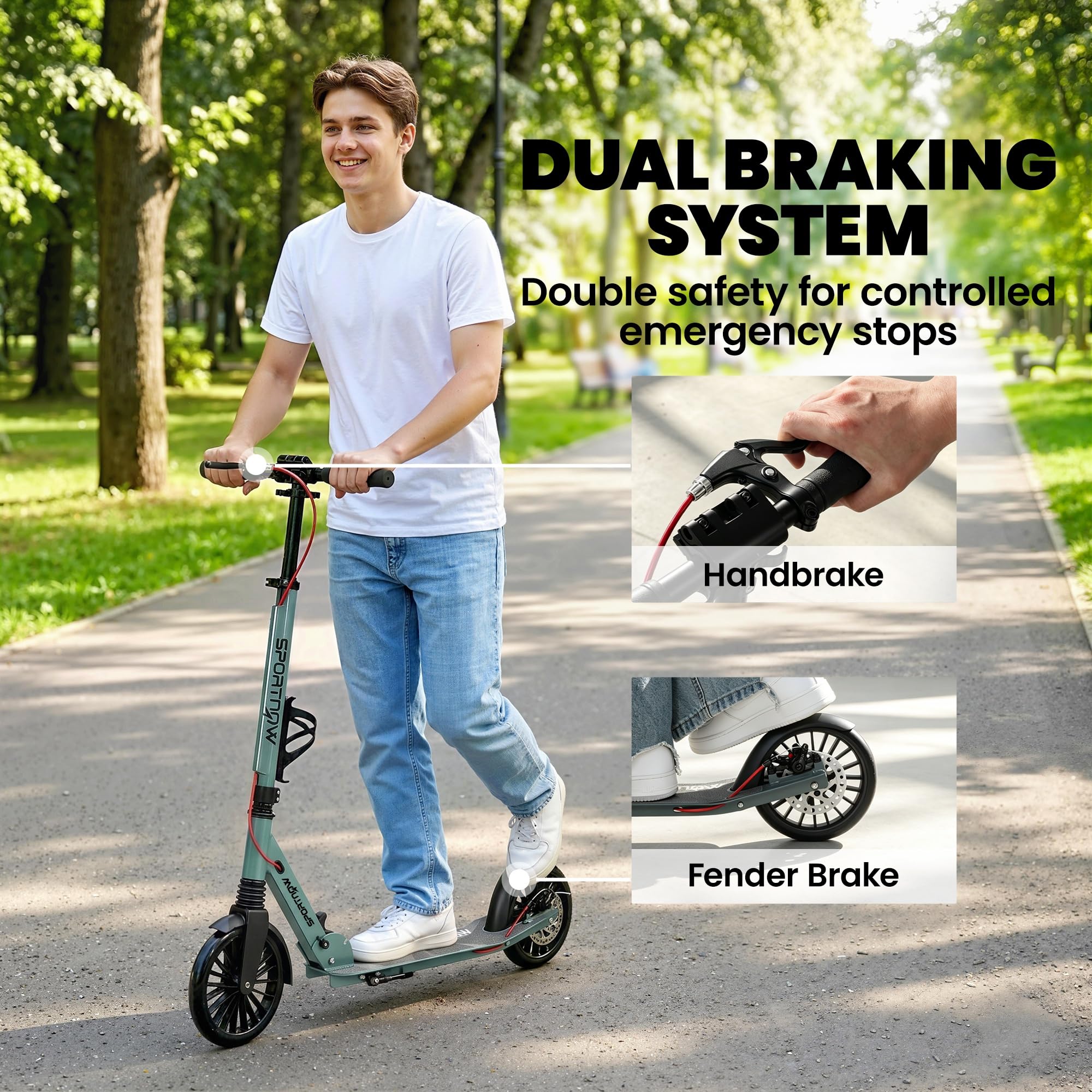 SPORTNOW Patinete plegable con manillar de altura ajustable, scooters plegables con un solo clic para adultos con ruedas grandes de 200 mm, absorción de golpes, rodamientos ABEC-7, sistema de frenos