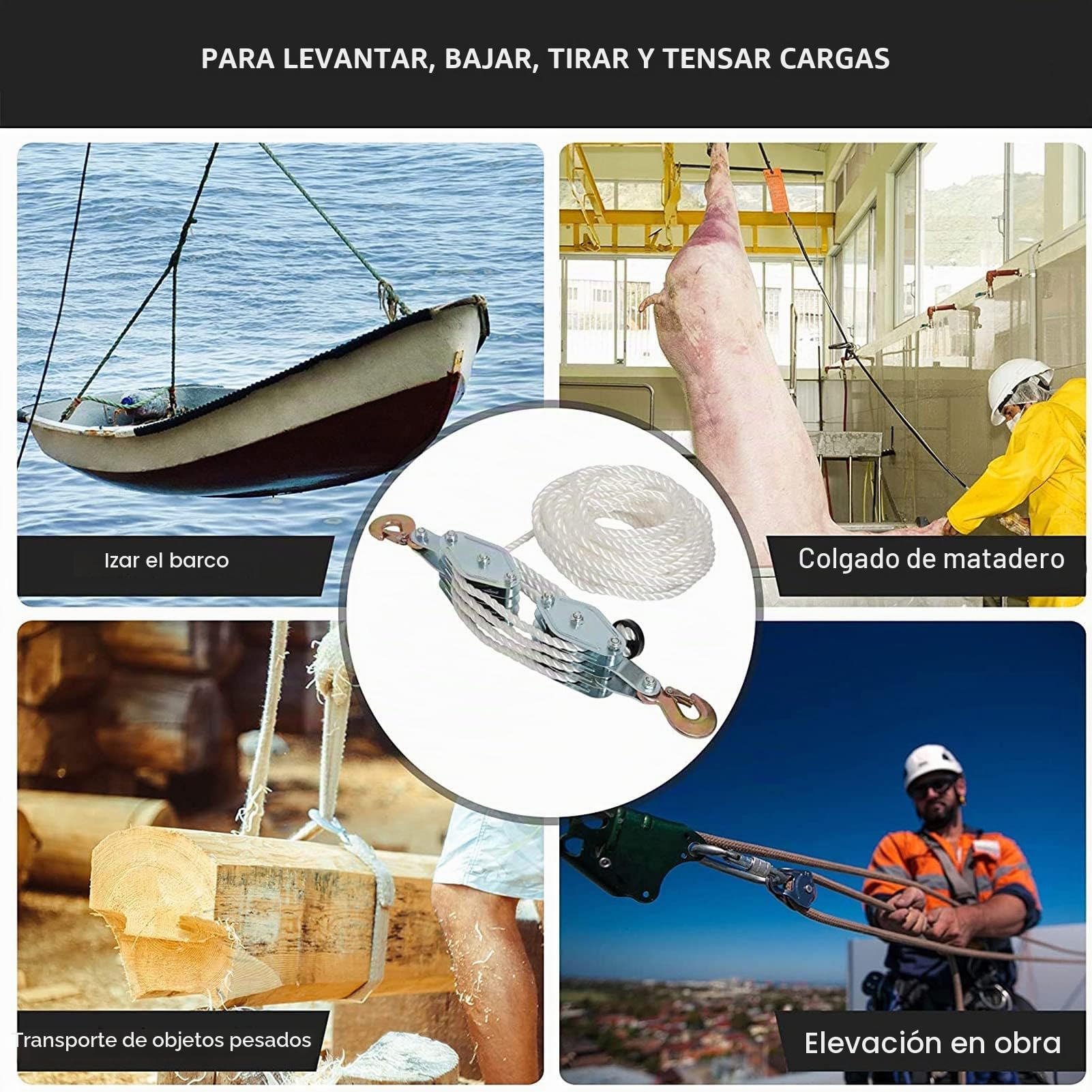 Polipasto de 4 vías con Cuerda de Nailon, Altura 2,5 m, Capacidad 2000 kg, polea de elevación y Gancho de Acero galvanizado