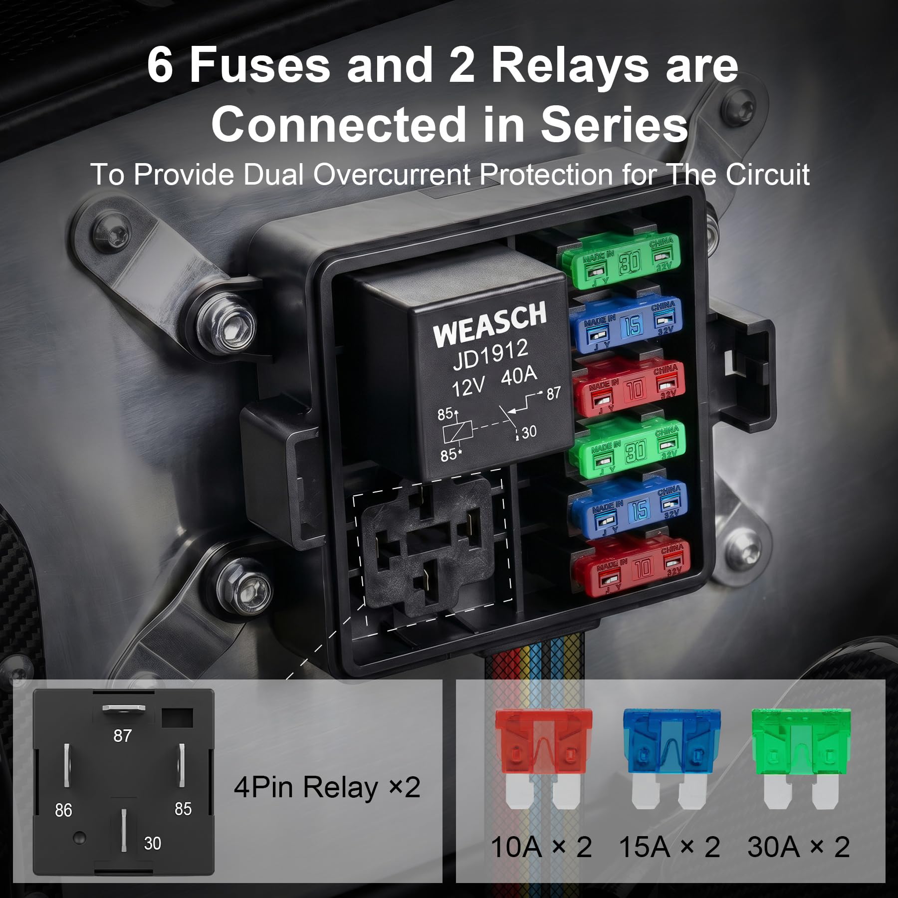 12V 6-fach vorverdrahteter wasserdichter Sicherungsrelaiskasten, 2 Relais und 6 ATC/ATO-Flachsicherungen, 4-poliger 40A-Relaisblock und -Kit, für PKW, LKW, Boot und Jeep