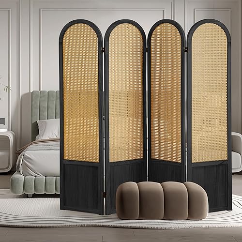 ALeesing 4 Panel Room Dividers and Folding Privacy Screens, Hand-Made Rattan Room Divider with Bi-Directional Hinge, Pre-Assembled Wood Room Divider Wall for Home Office Bedroom, Black - 4 Panel Black - 4 Panel