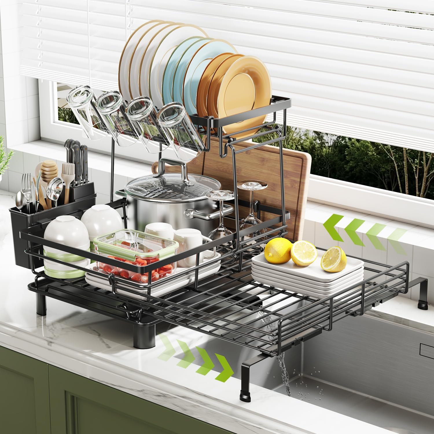 2-Tier Expandable Dish Drying Rack for Kitchen Counter, Black