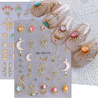 2 Sheets Bohemian Style Nail Stickers for Nail Art Embossed Star Moon Sun Nail Art Stickers 5D Self-Adhesive Bohemia Designs Nail Decals Gold Nail Supplies for Women DIY Manicure Decor
