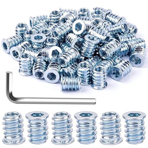 VIGRUE 60 piezas de insertos roscados 14-20 para muebles de madera, tuerca de 0.591 in, conector de fijación roscado de perno, insertos de tuerca de