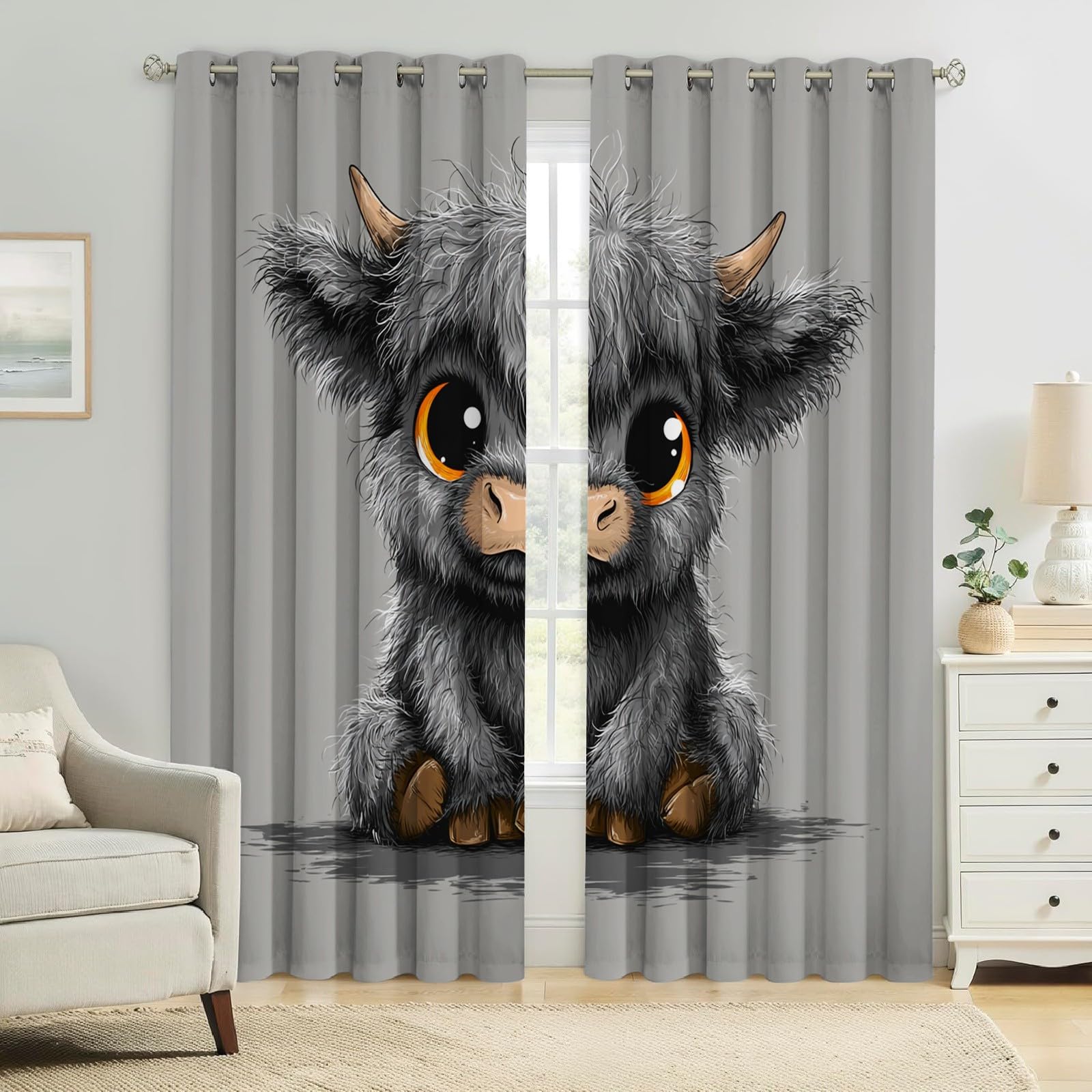 Grau Verdunkelungsvorhänge Blickdicht Thermovorhänge Karikatur, Hochlandrind mit Ösen, Wärmeschutz Energiespar Gardinen für Kinderzimmer Wohnzimmer, 2er Set H229 x B117 cm