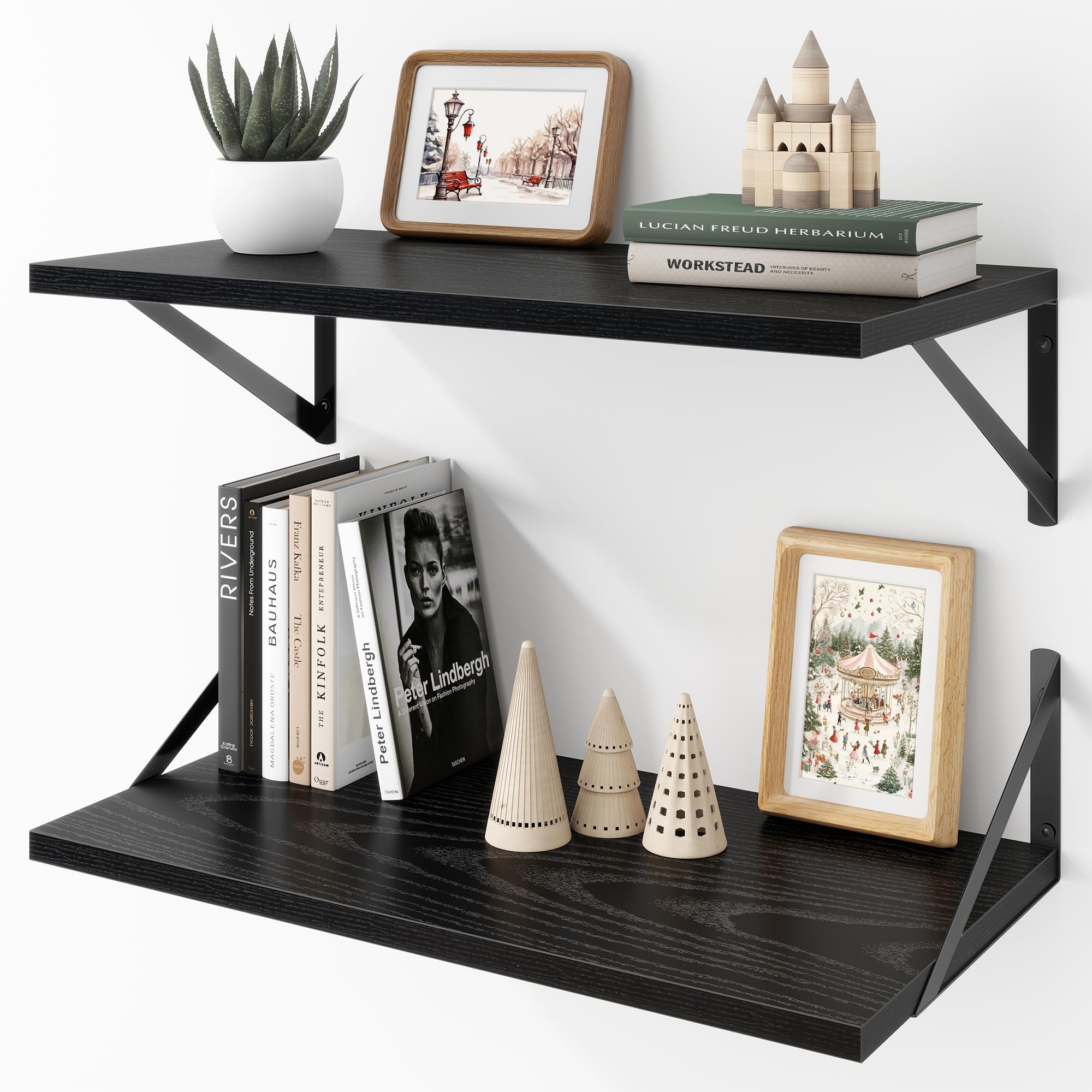Acovy Deep Floating Shelves Wall Mounted, 24"x12" Black Wall Shelves with Brackets Set of 2 for Bedroom, Living Room, Bathroom, Kitchen, Office - Storage & Display Shelf for Decor, Books, Plants