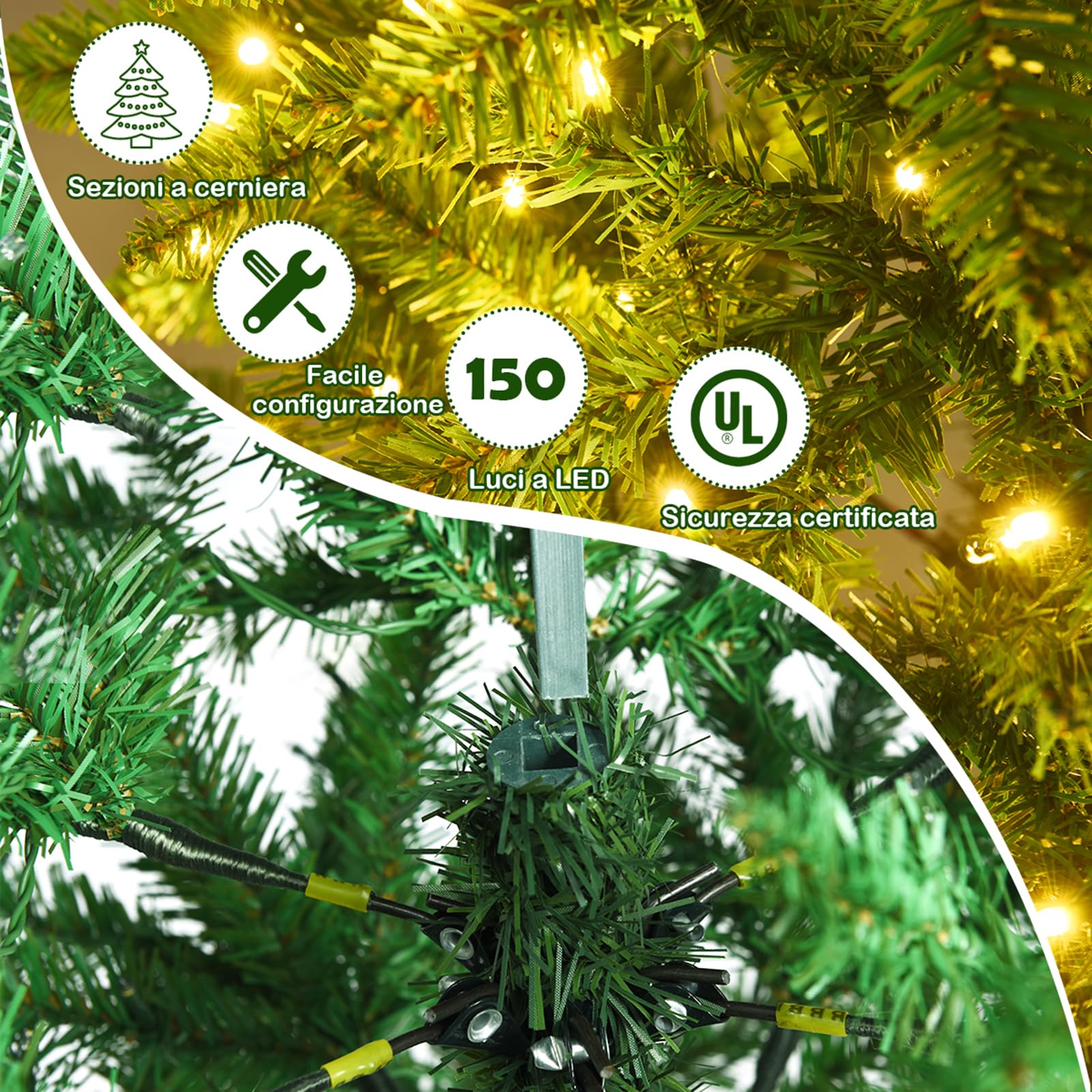 COSTWAY Albero di Natale Slim 150/180/210 cm, Albero di Natale con 150/250/350 Luci LED, 300/743/995 Rami Folti e Base di Metallo, Decorazione Natalizia per Casa e Ufficio (150cm)