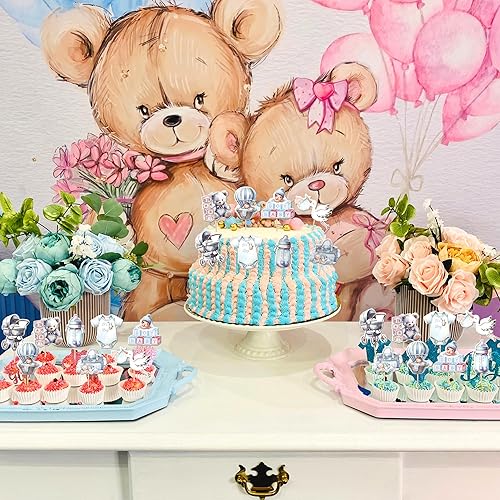 Miniatura 6 de 24 piezas de decoración para cupcakes para niños o niñas, pies con purpurina rosa o azul, pajarita, para revelación de género, decoración de