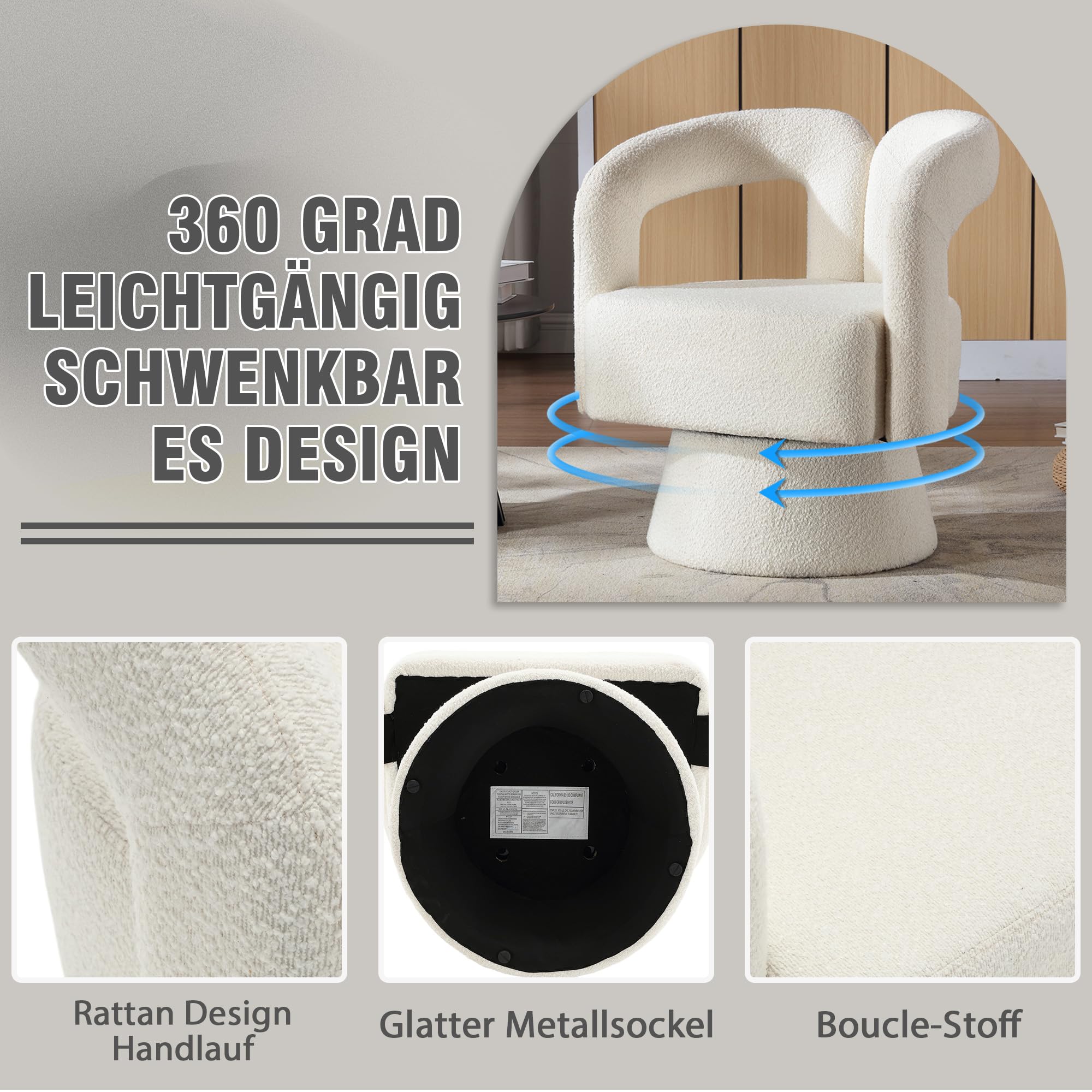 360 Grad Drehbare Kuschelfass-Akzentstühle, runde Sessel mit breiter Polsterung, Flauschiger Stoffsessel für Wohnzimmer, Schlafzimmer, Büro, Warteräume, Beige