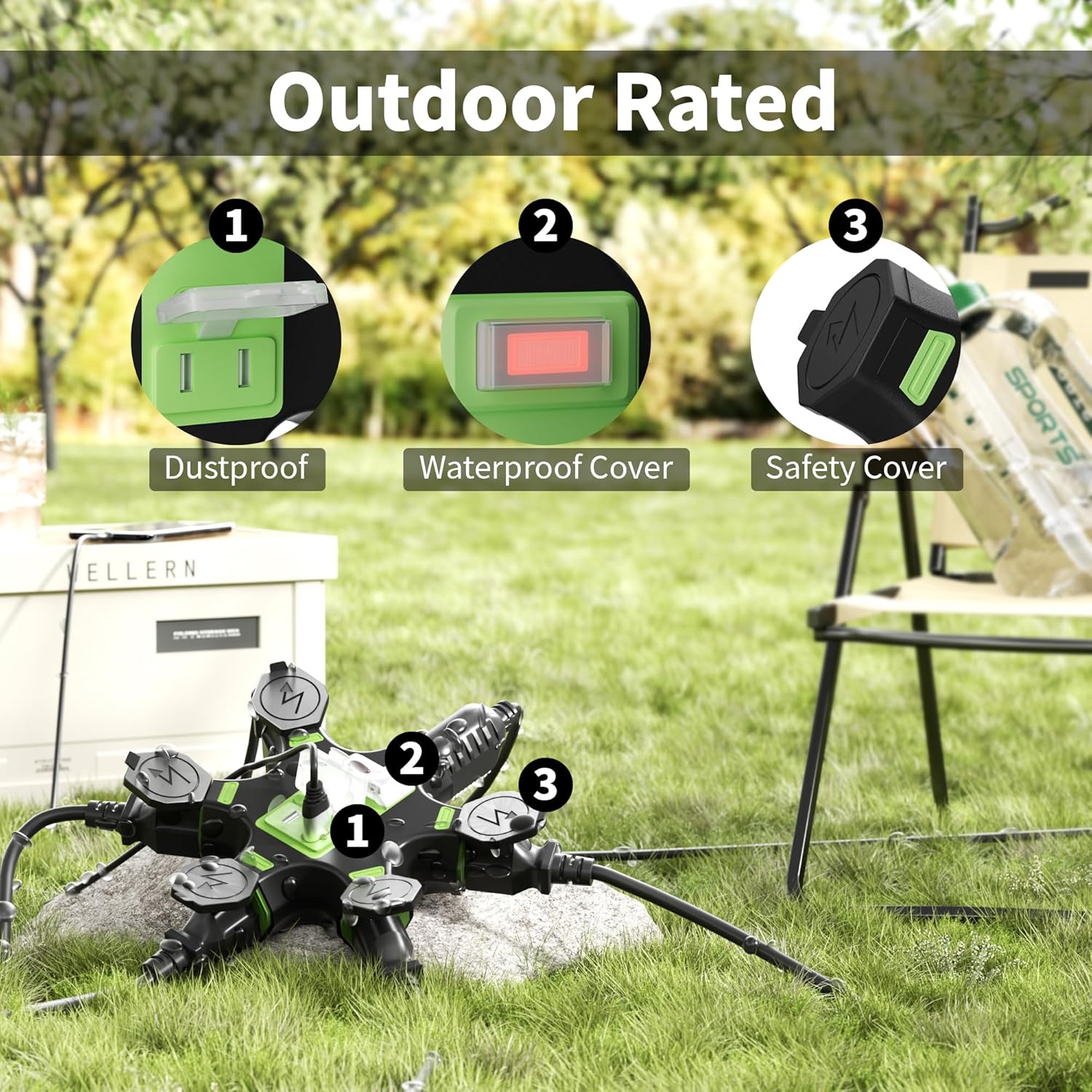HiFind Outdoor 5-Outlet Extender Splitter Power Hub Plug Multi Outlet Tap with 2 USB-A Ports & Safety Covers, Heavy Duty Power Adapter with Circuit Breaker Indicator for Holiday Lights-ETL
