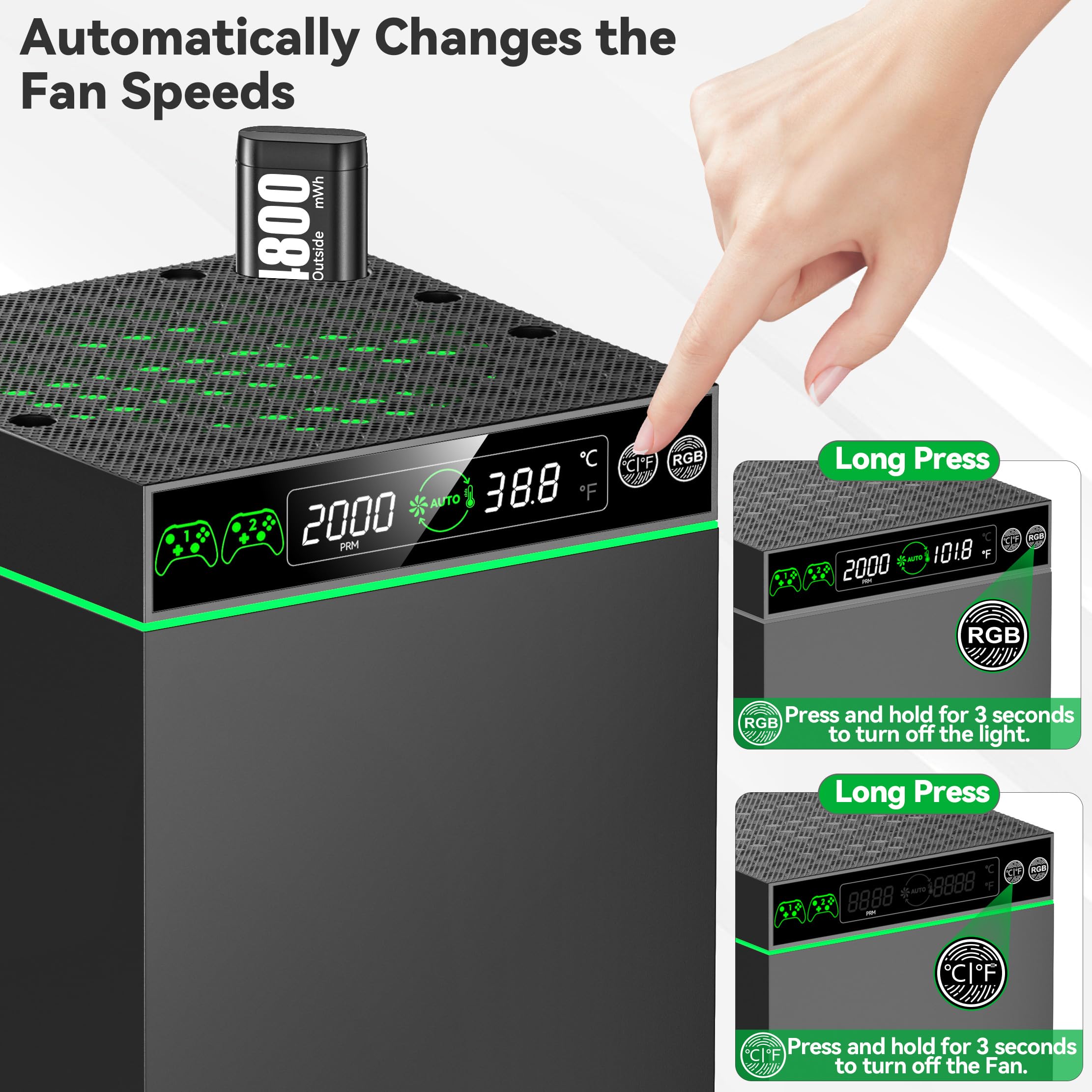 Ventilateur de Refroidissement Automatique X-box pour les Séries X box X & S avec 9 Modes d’éclairage, Chargeur de Batterie X-box avec 2×4800 mWh Batteries Rechargeables, Accessoire X-box Series X