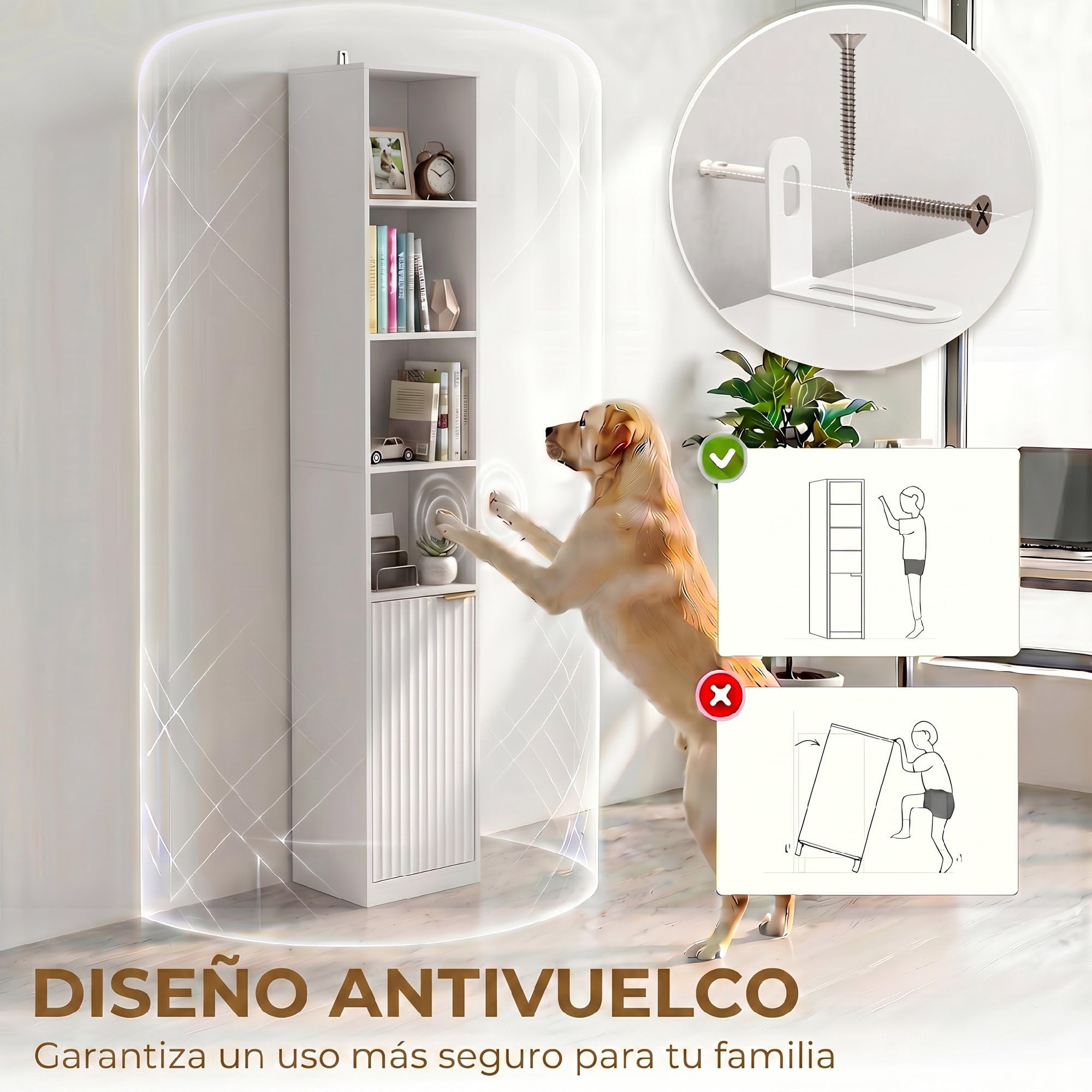 HOMCOM Estantería para Libros de 6 Niveles 30x24x182 cm Blanco | Librería Alta y Estrecha, 4 Estantes Abiertos, Puerta, Estante Ajustable, Salón, Estudio, Oficina