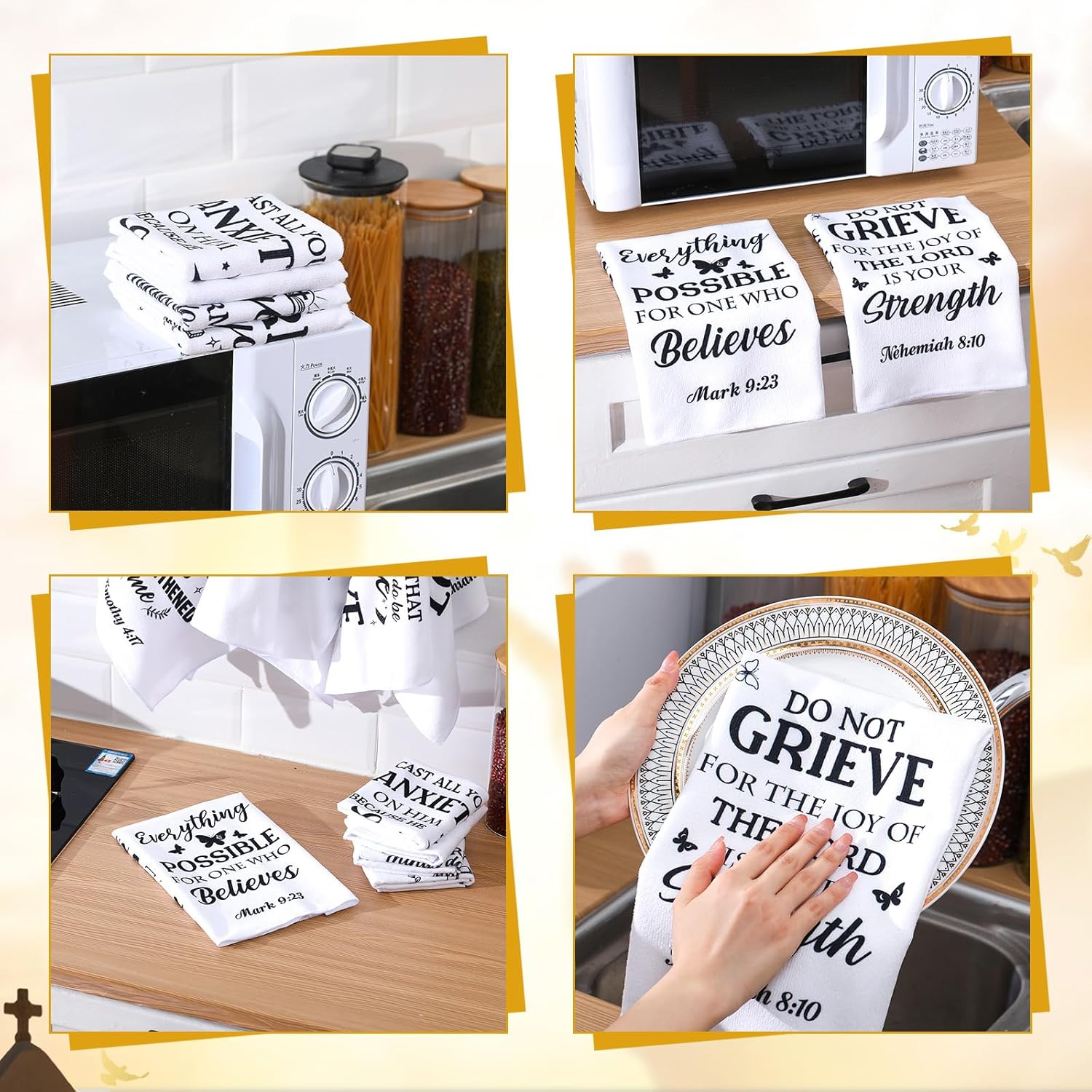 FuWeave 12 Pcs Mother's Day Religious Christian Kitchen Dish Towel Christian Gifts for Women Men Bible Verse Dishcloth Absorbent Scripture Tea Towel for Housewarming(White and Black,Classic)