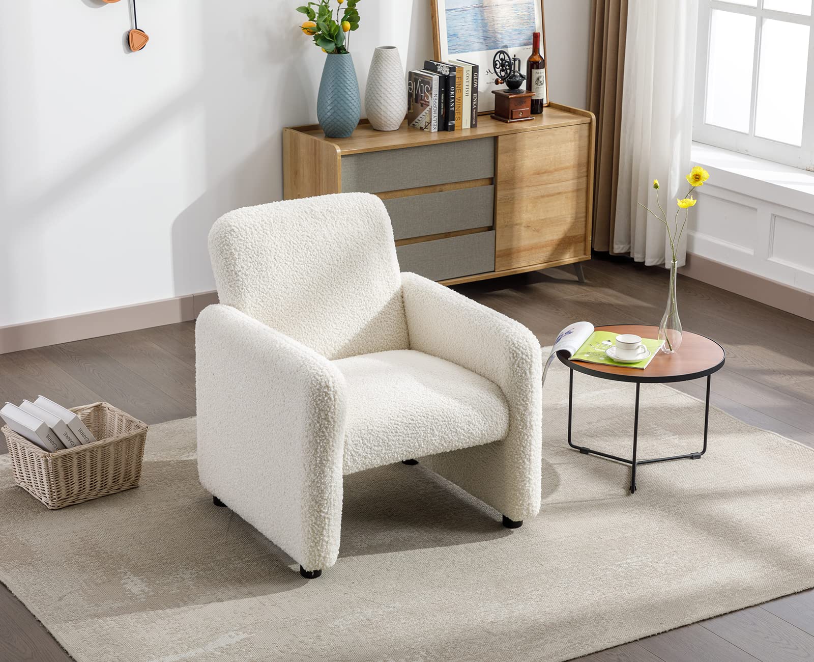 Wahson Poltrona Imbottita Moderna Sedia da Salotto con Braccioli Poltroncina in tessuto sherpa Divanetto per Camera da Letto/Soggiorno, Bianca
