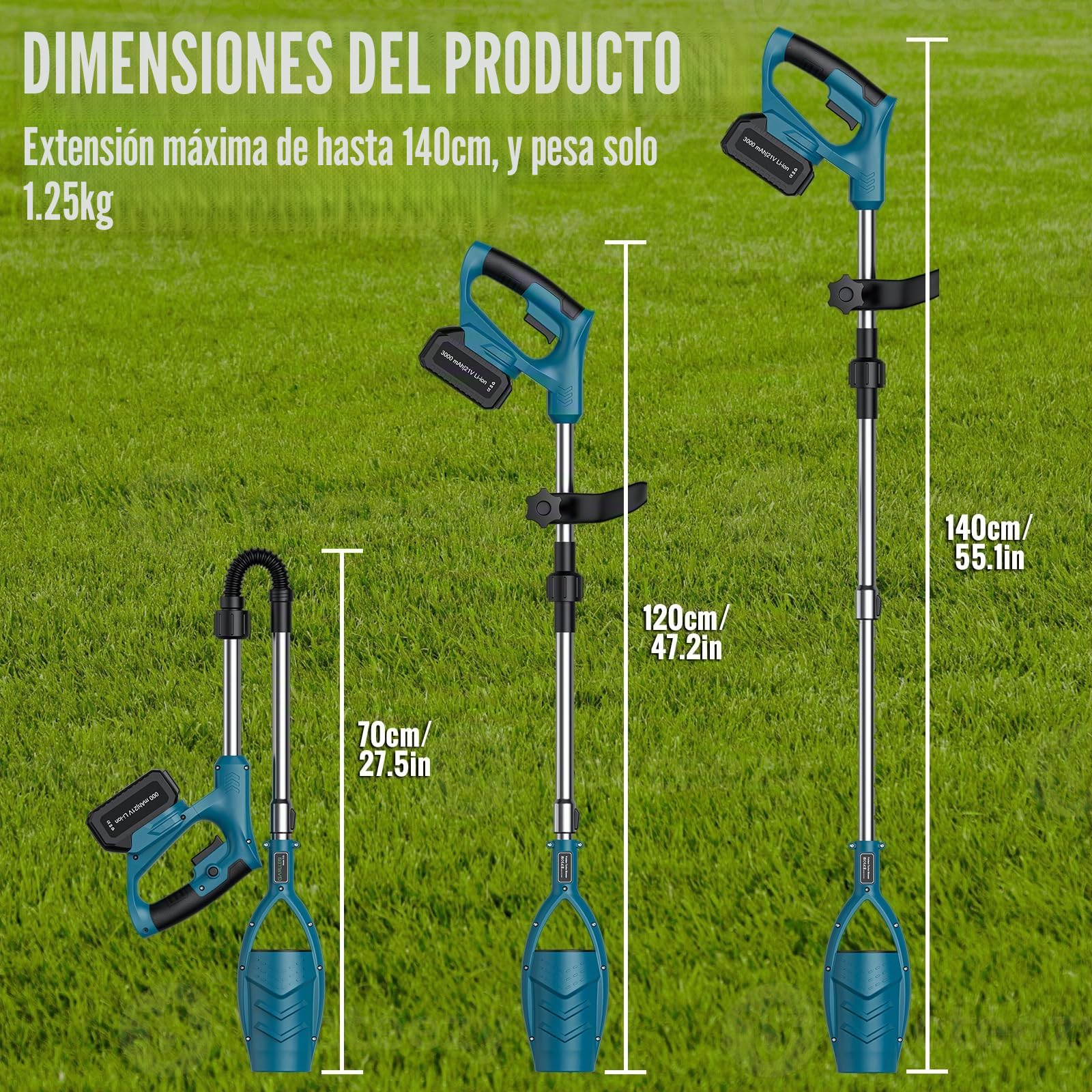 Soplador de Hojas Inalámbrico, Motor Sin Escobillas 18.5V, Batería de Ion-Litio 3000mAh, Extensible 140cm, Ligero 540g, con 2 Baterías y Cargador, para Jardín y Patio