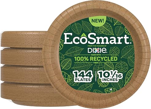 Dixie EcoSmart 100% Recycled Fiber Paper Plates, 10 in, 144 Count Pack of 4, Large Disposable Plate Great for Breakfast, Lunch, and Dinner Meals