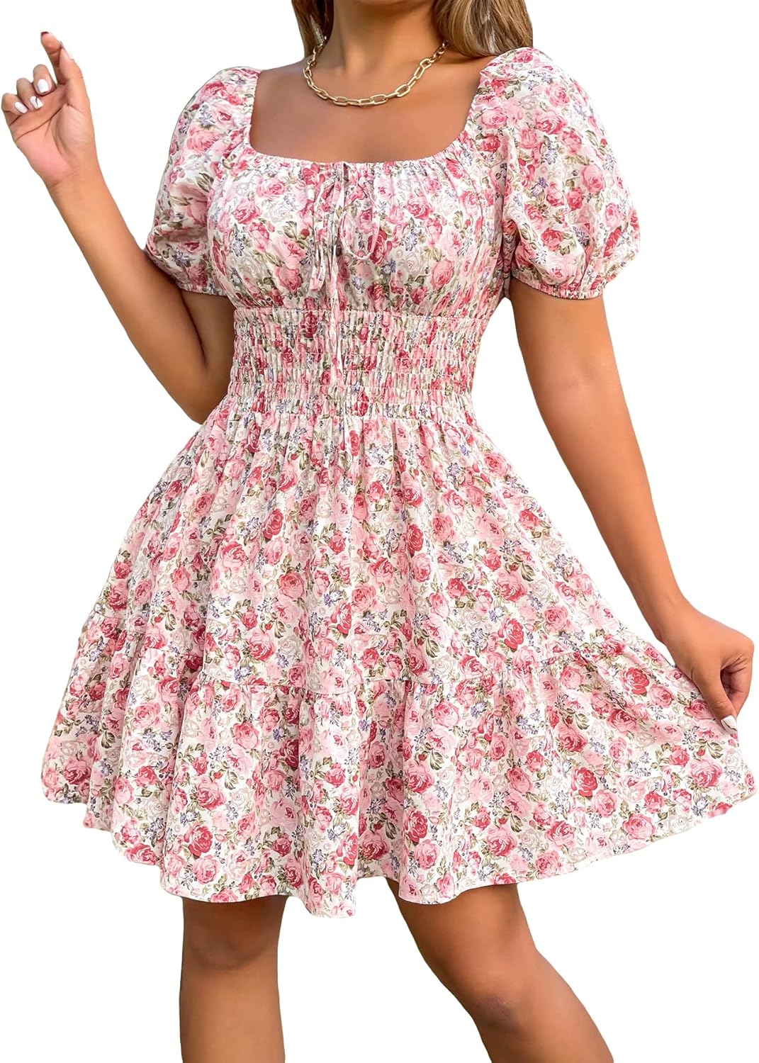 Floerns Women Boho Square Neck Puff Short Sleeve Dress