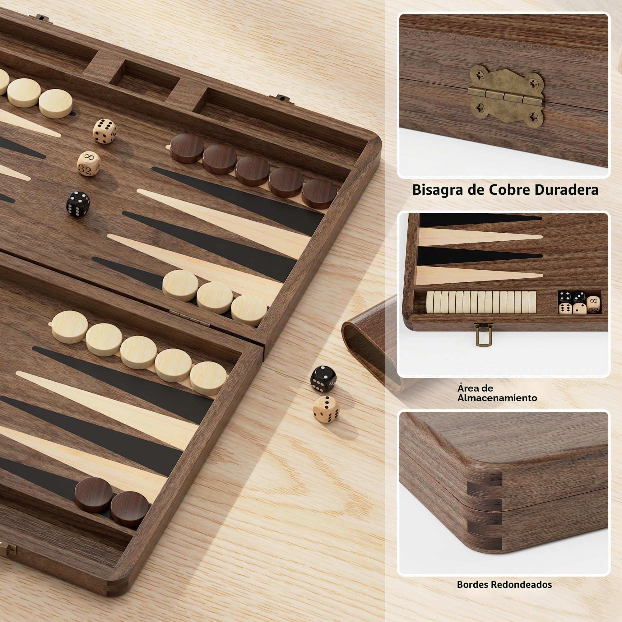 Juego de backgammon premium de madera de nogal negro – Juego de viaje de lujo (con dados y doblador)