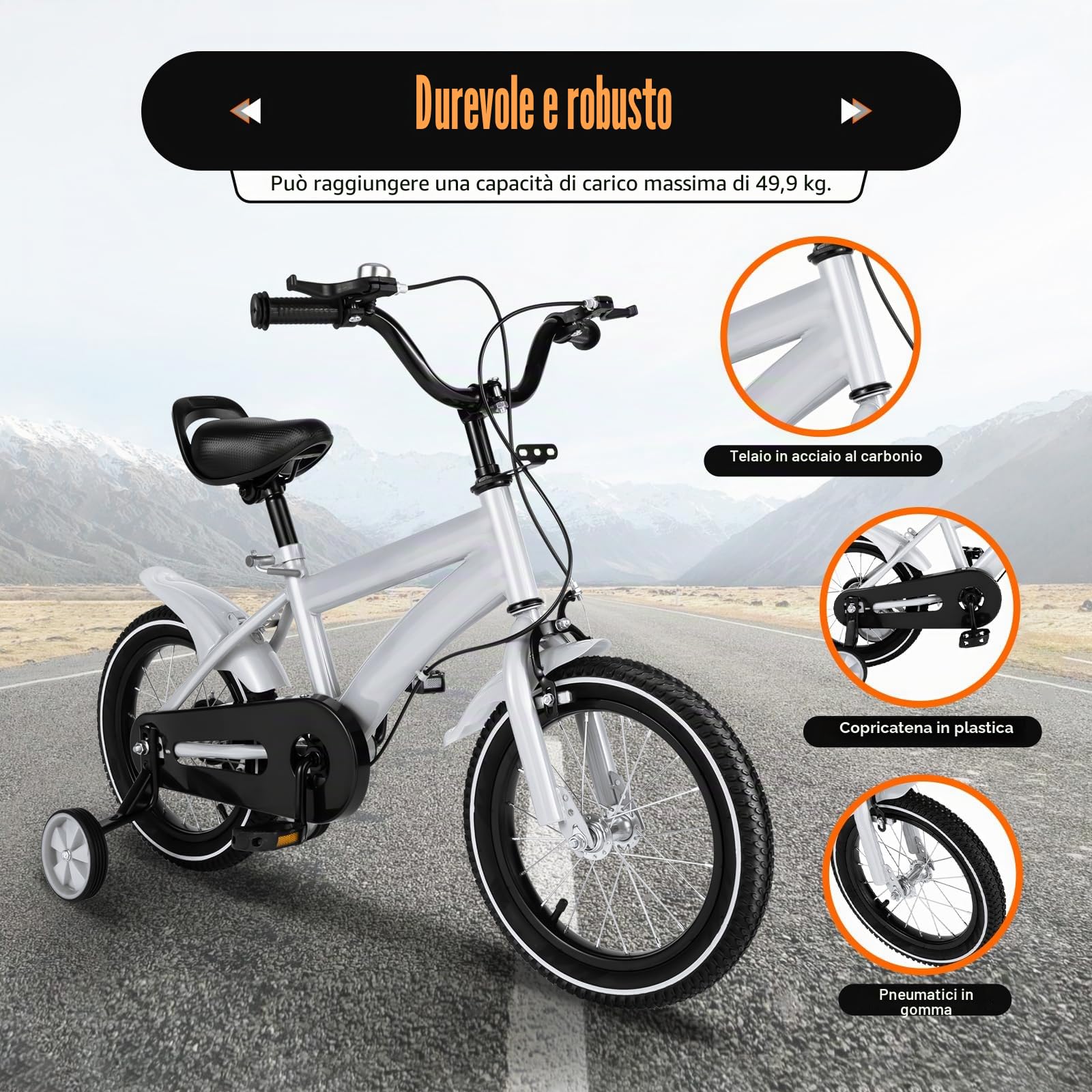 Bicicletta per bambini da 14 pollici bici per bambini con seggiolino e ruote stabilizzatrici& cestino Bike per bambini da 3 a 7 anni