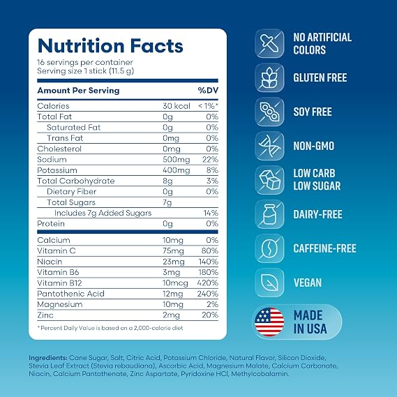 Electrolyte Drink Mix | 16 Instant Hydration Packets w/ 920mg Hydrate Electrolytes | Low-Sugar (7g) Electrolytes Hydration w/Vitamins C, B3, B5, B6, B12 and Na, Ca, Mg, K, Zn (Lemon-Lime)