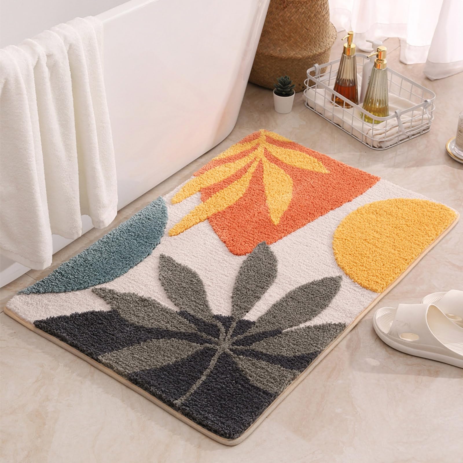 Gift2u Bath Mat Rug Boho Plant Abstract Art Bath Mat, 16x24in Boho Geometric Abstract Leaves Bathroom Rug, Absorbent Non-Slip Soft Washable Bathroom