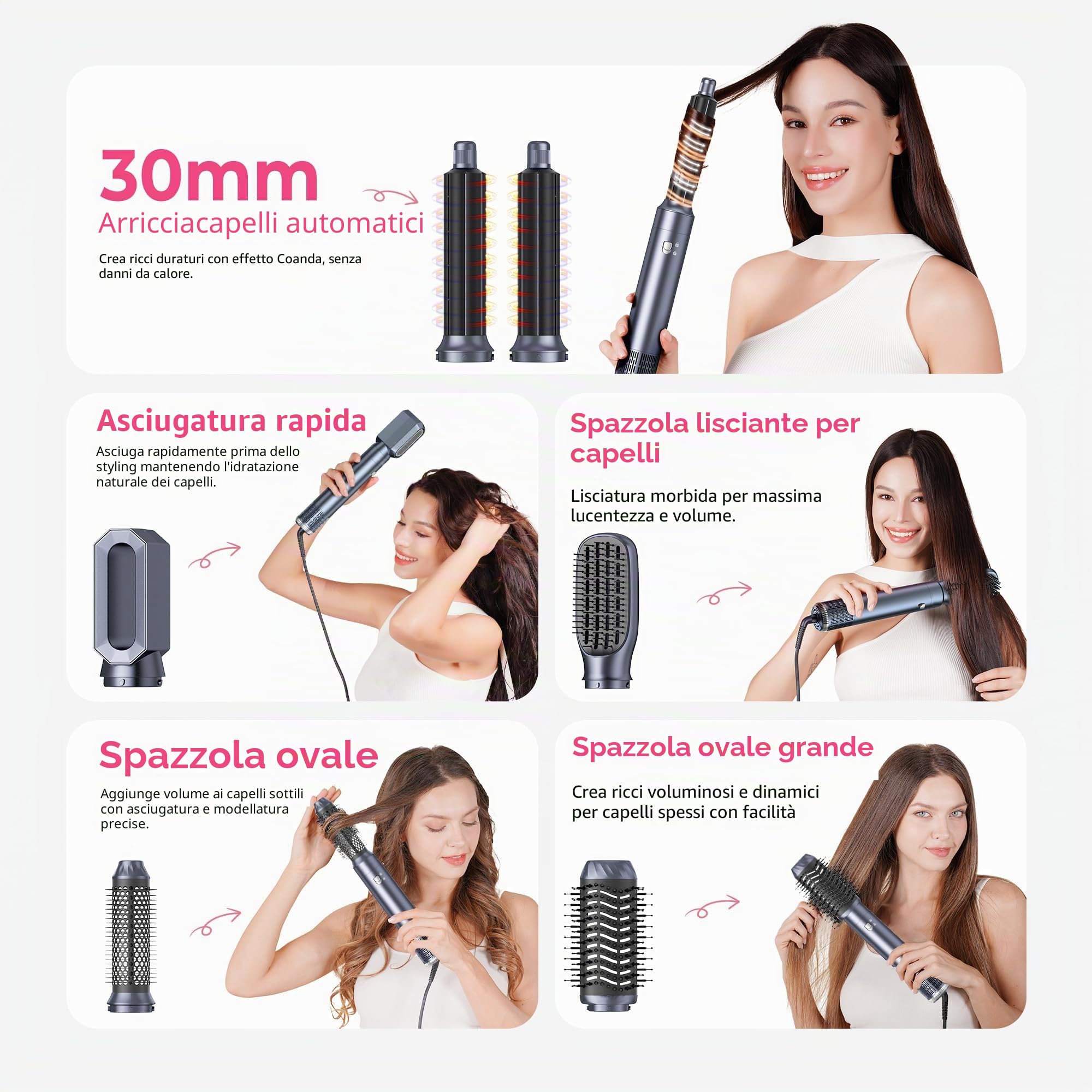 Pro air styler 6 in 1 Hair Styler & Spazzola Asciugacapelli, phon arricciacapelli ad aria, asciugacapelli spazzolas, spazzola aria calda, spazzola phon per capelli, senza danni da calore