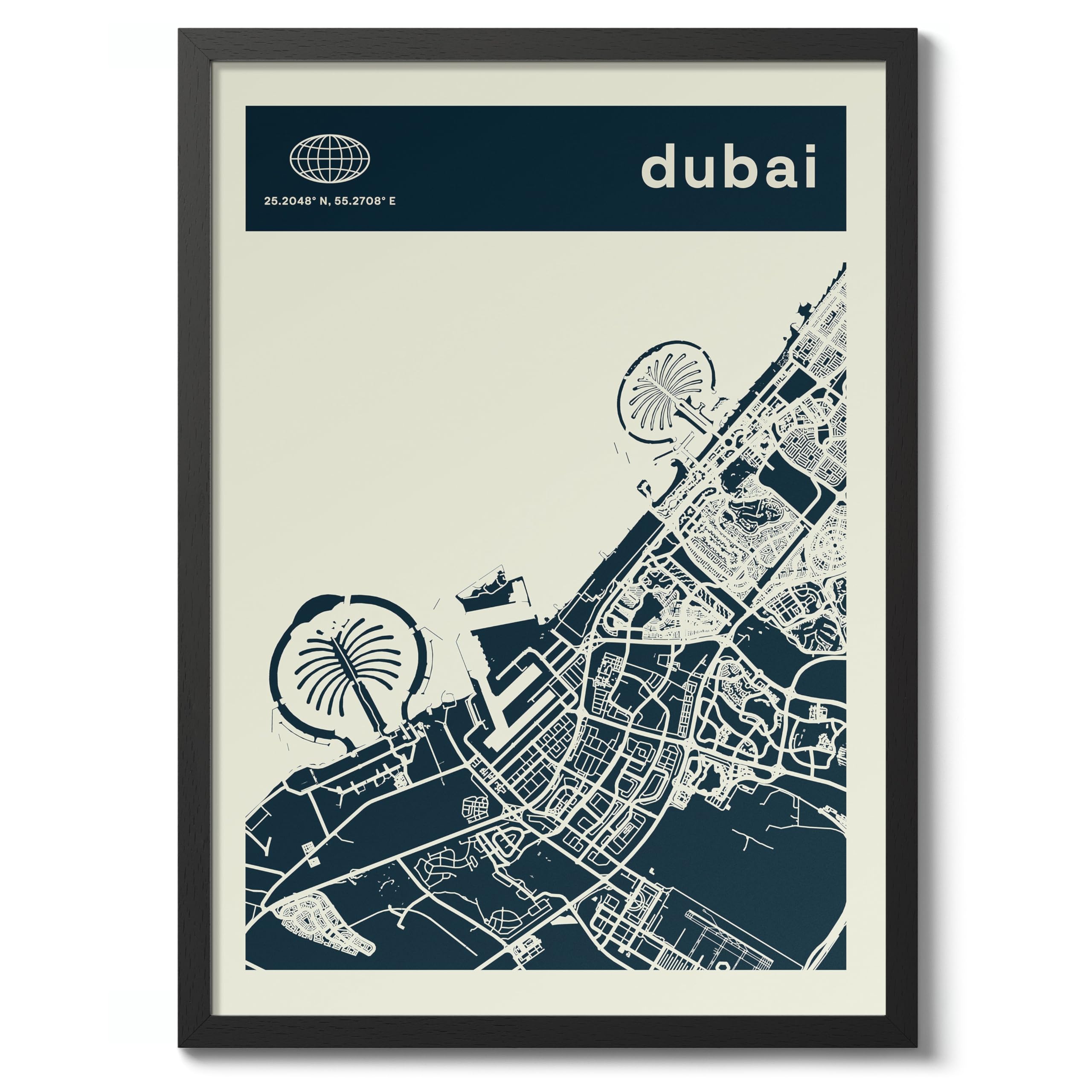Dubai Minimalist City Maps Poster, City Coordinates Print, Landmark Apartment Home Decor, A2 (Black Frame) - 62.5x45.1cm