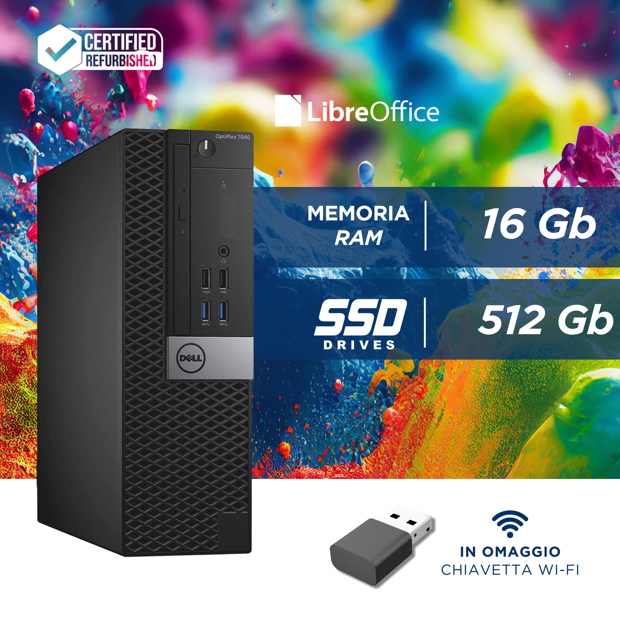 Dell, Pc Desktop Pronto All'Uso, Computer Pc Fisso Intel i7-6700 4 Core 3.4Ghz, Ram 16Gb, SSD 512Gb, Pacchetto Libre Office, Win 11 e Chiavetta Wi-Fi (Ricondizionato)