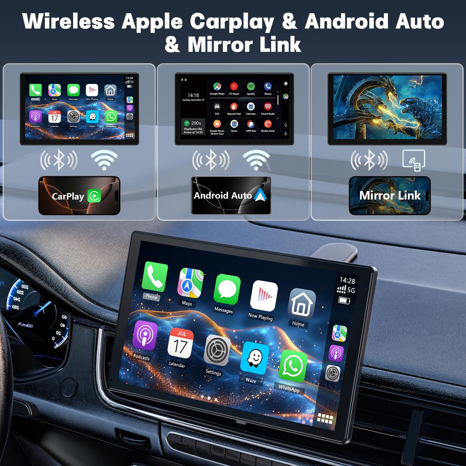 Ekran Carplay 9'' do samochodu, bezprzewodowa Carplay i Android Auto, obrotowy ekran do odtwarzania samochodu z kamerą cofania 1080P, ekran samochodowy Android z łączem lustrzanym, Bluetooth