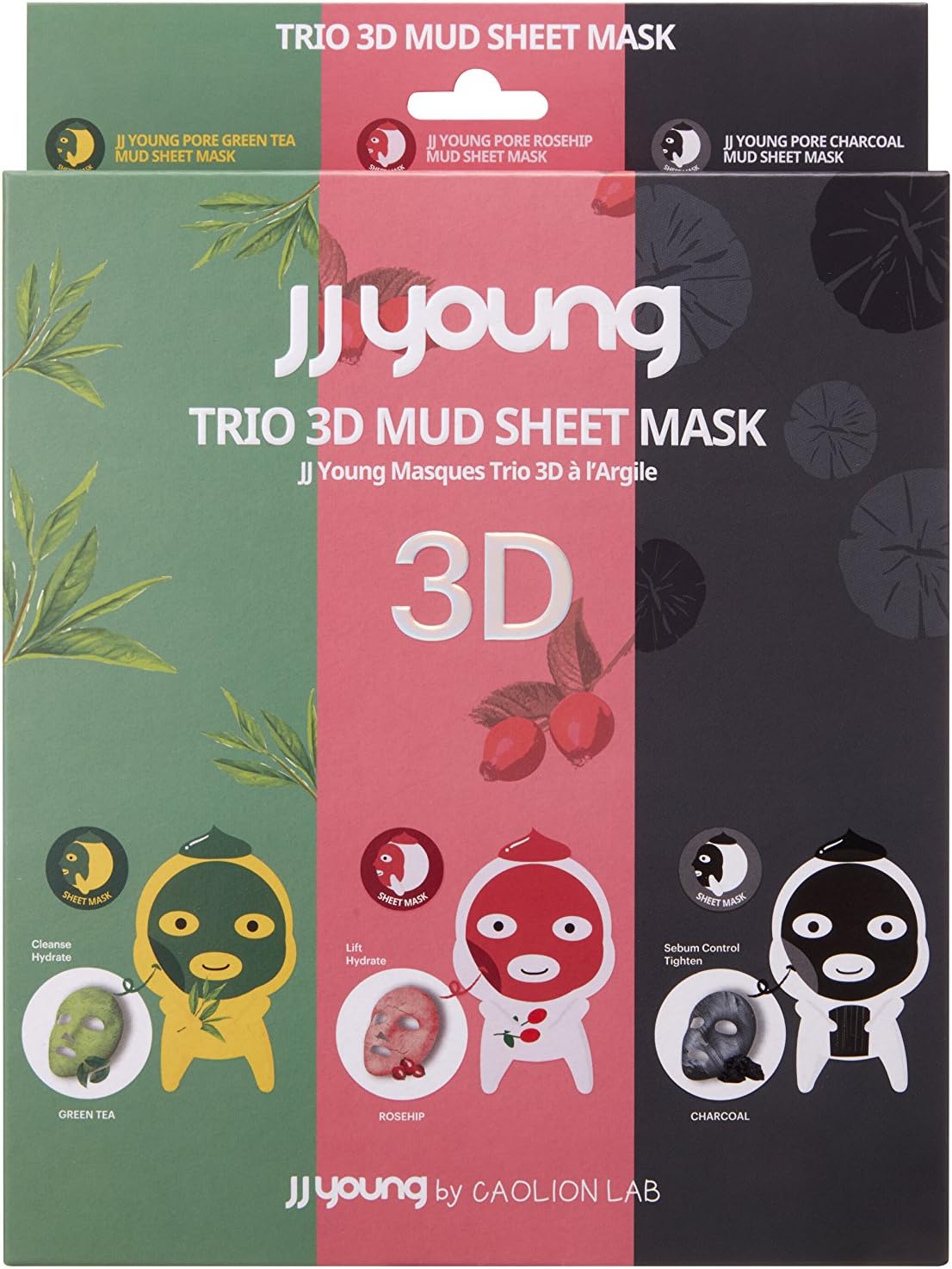 JJ YOUNG Trio 3D Mud Sheet Mask - 6 Masks - Removes Sebum and Impurities, Increases skin elasticity, and Moisturizes The Skin - 3.78 oz.
