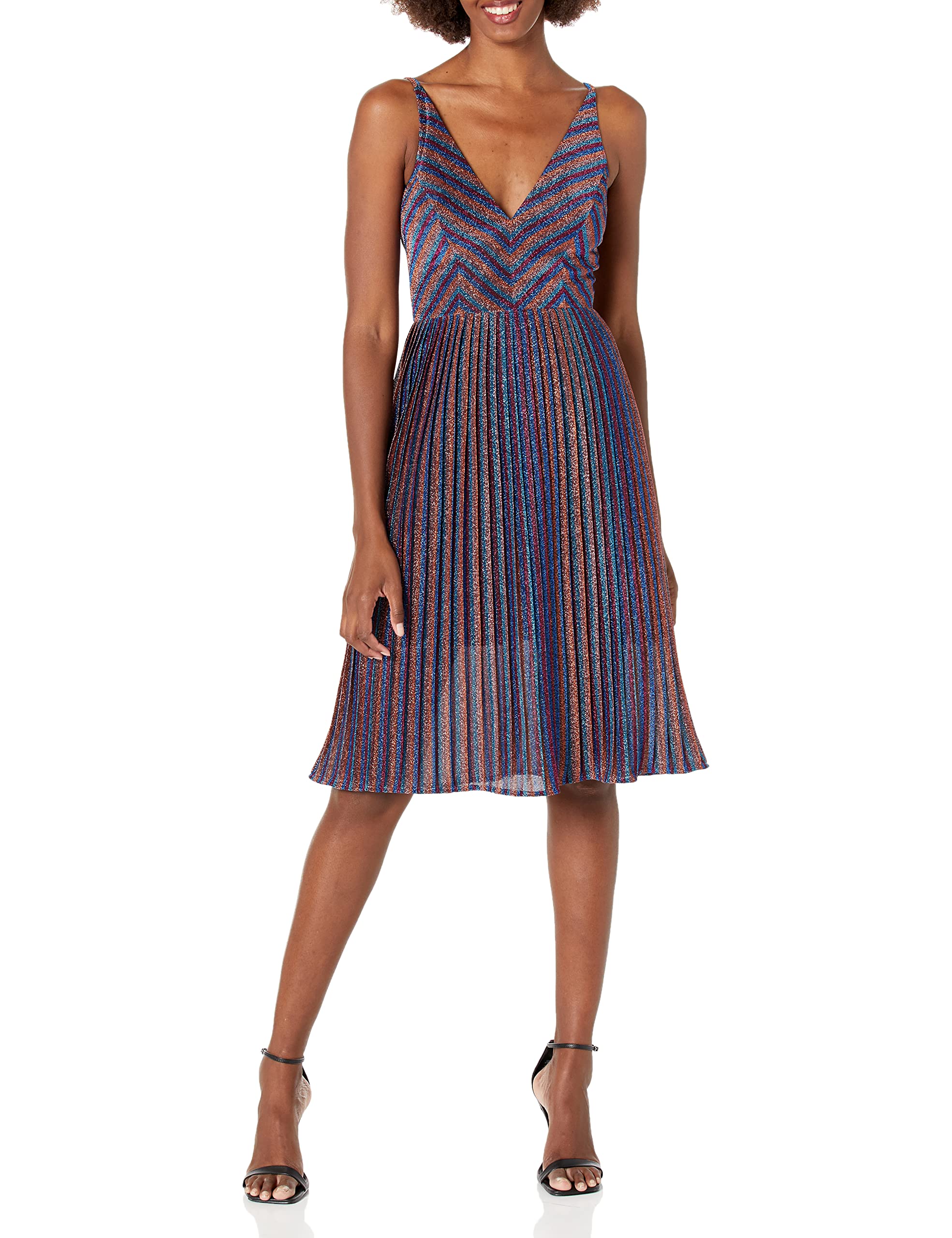 Womens Haley Sleeveless Plunging Fit & Flare Pleated Party Dress