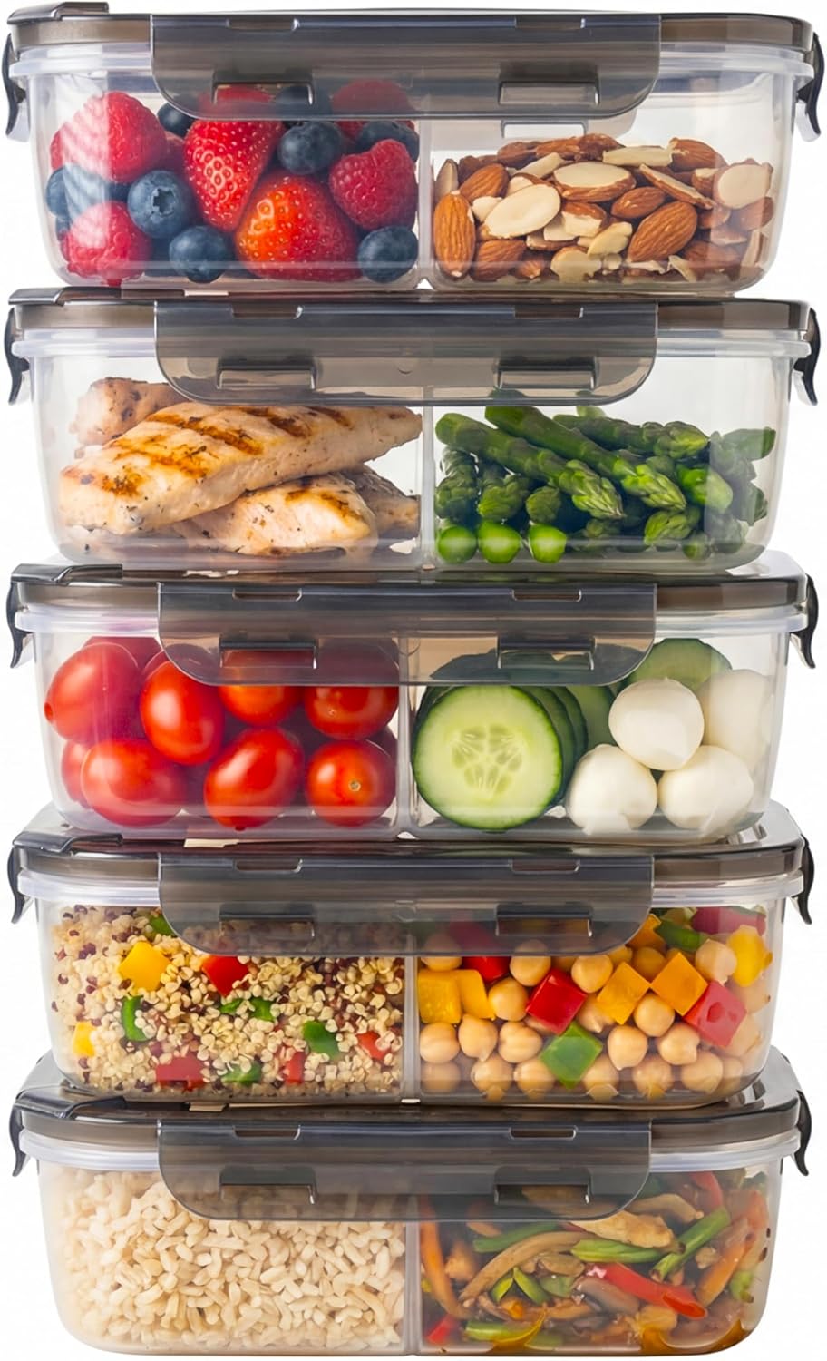 Compartmentalized Plastic Airtight Food Storage Containers with Vented Lids, 3-Compartment Design, BPA-Free, 5-Pack (5.5 Cups Each) for Meal Prep and Portion Control