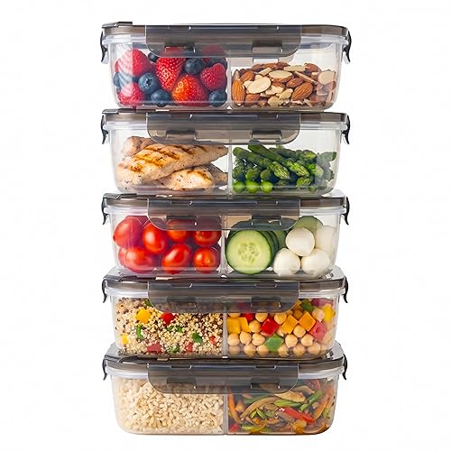 Compartmentalized Plastic Airtight Food Storage Containers with Vented Lids, 3-Compartment
