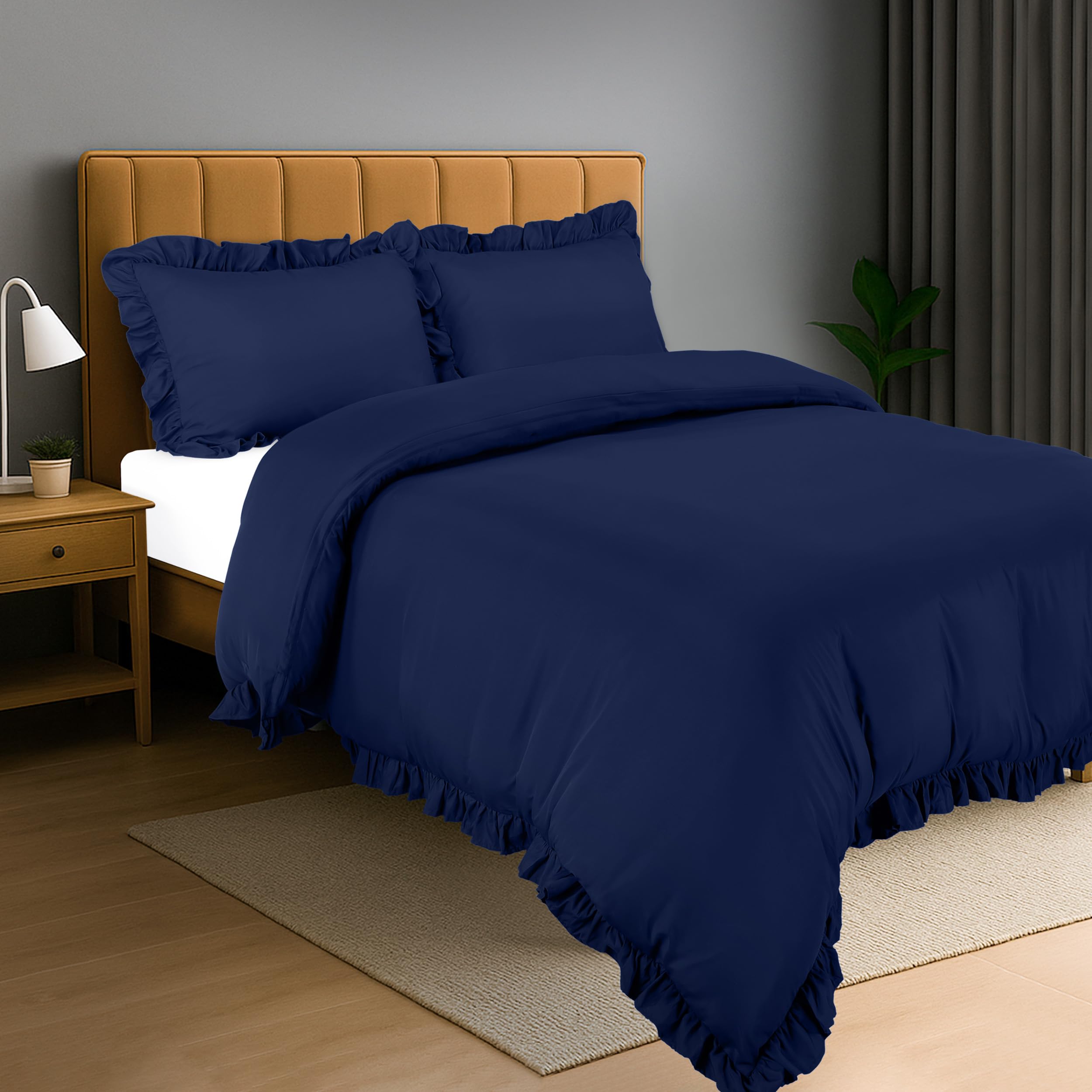 Utopia Bedding Ruffle Duvet Cover - King Size Duvet Cover Set with Pillowcases - Soft Microfibre Polyester Ruffle Bedding (Navy)