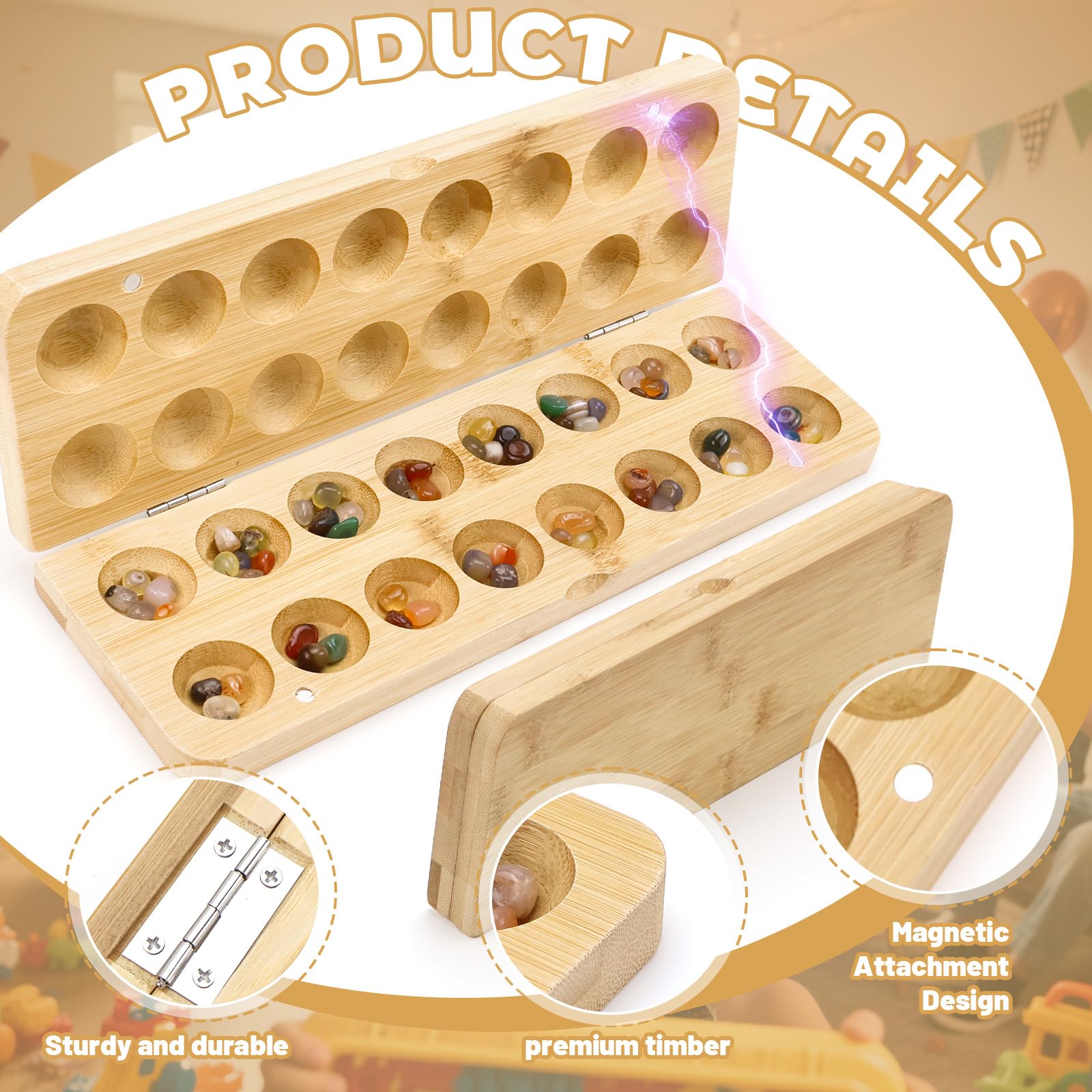 Steinchenspiel Hus - Bao - Kalaha Spiel Edelsteinspiel aus Holz inkl. Edelsteinen Strategiespiele für Kinder Erwachsene