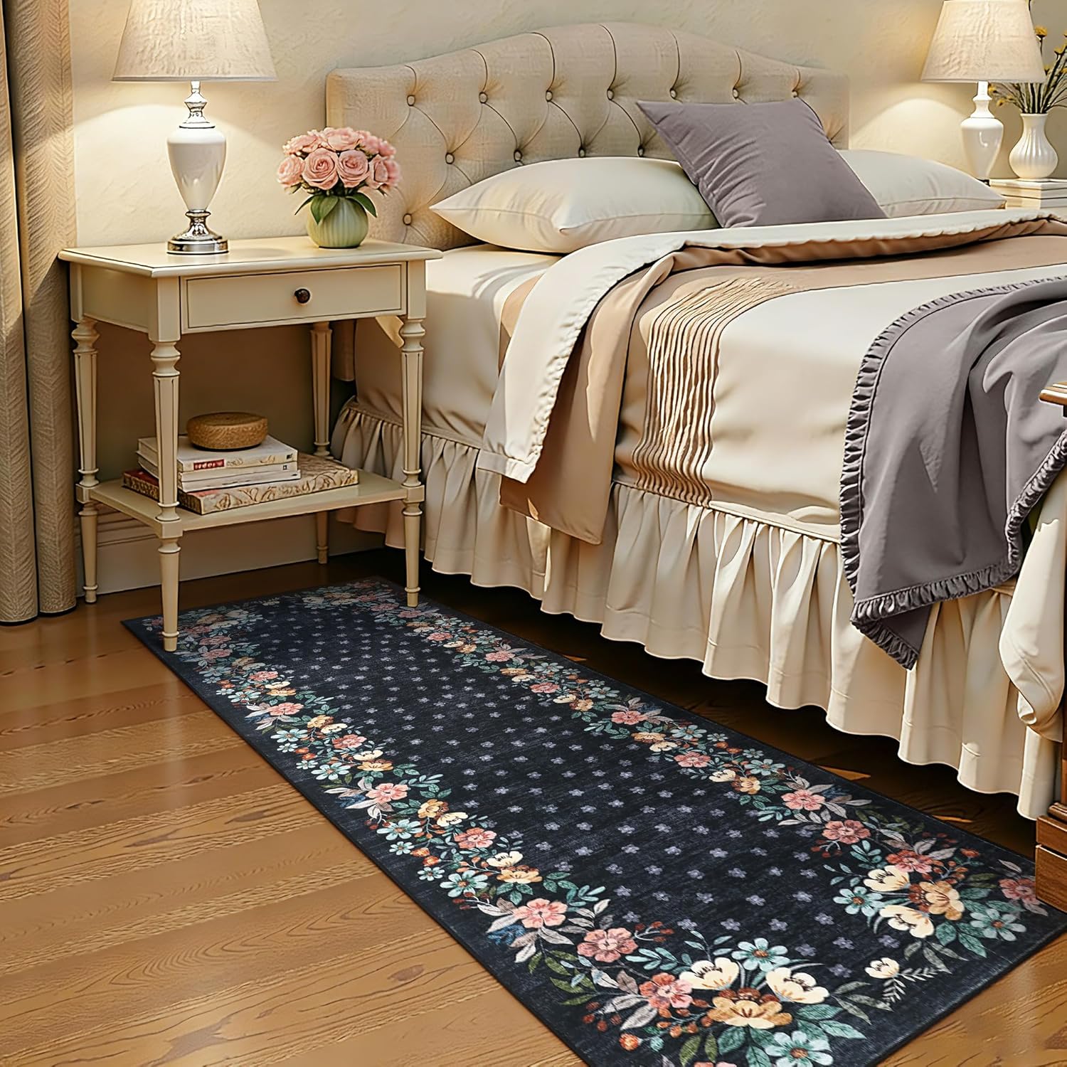 IDEALHOUSE Black Floral Runner Rug 2x6, Washable Kitchen Rug with Non-Slip Backing, Low-Pile Carpet for Hallway, Bedroom, Living Room