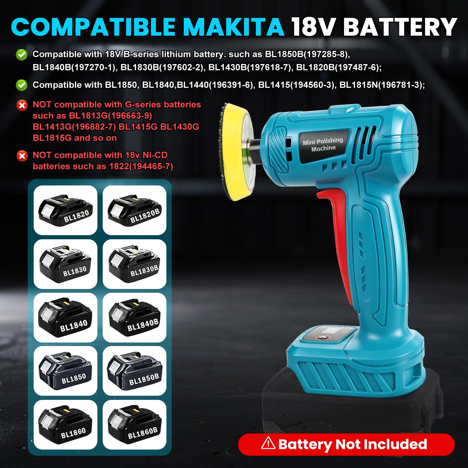 Mini Pulidora Orbital Compatible con Makita 18V 25/50/75 mm | Motor sin escobillas, pulidora compacta con discos de 25, 50 y 75 mm, lijadora inalámbrica, sin batería ni cargador incluidos
