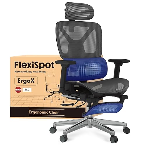 FLEXISPOT ErgoX – Sedia ergonomica da ufficio in rete con poggiapiedi, poggiatesta 3D, supporto lombare, schienale 5D regolabile, braccioli 3D, seduta traspirante, ruote, 130 kg