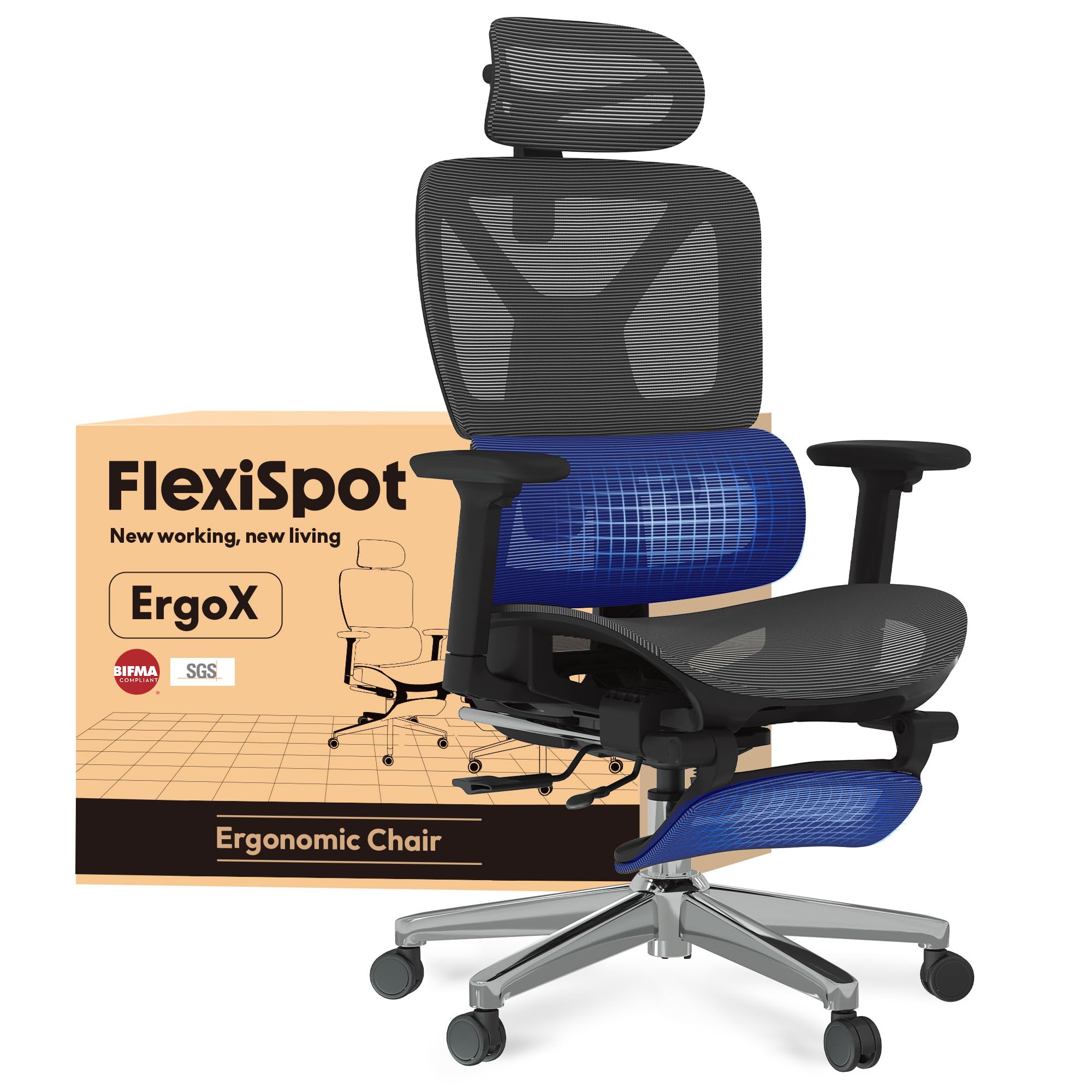 FLEXISPOT ErgoX – Sedia ergonomica da ufficio in rete con poggiapiedi, poggiatesta 3D, supporto lombare, schienale 5D regolabile, braccioli 3D, seduta traspirante, ruote, 130 kg