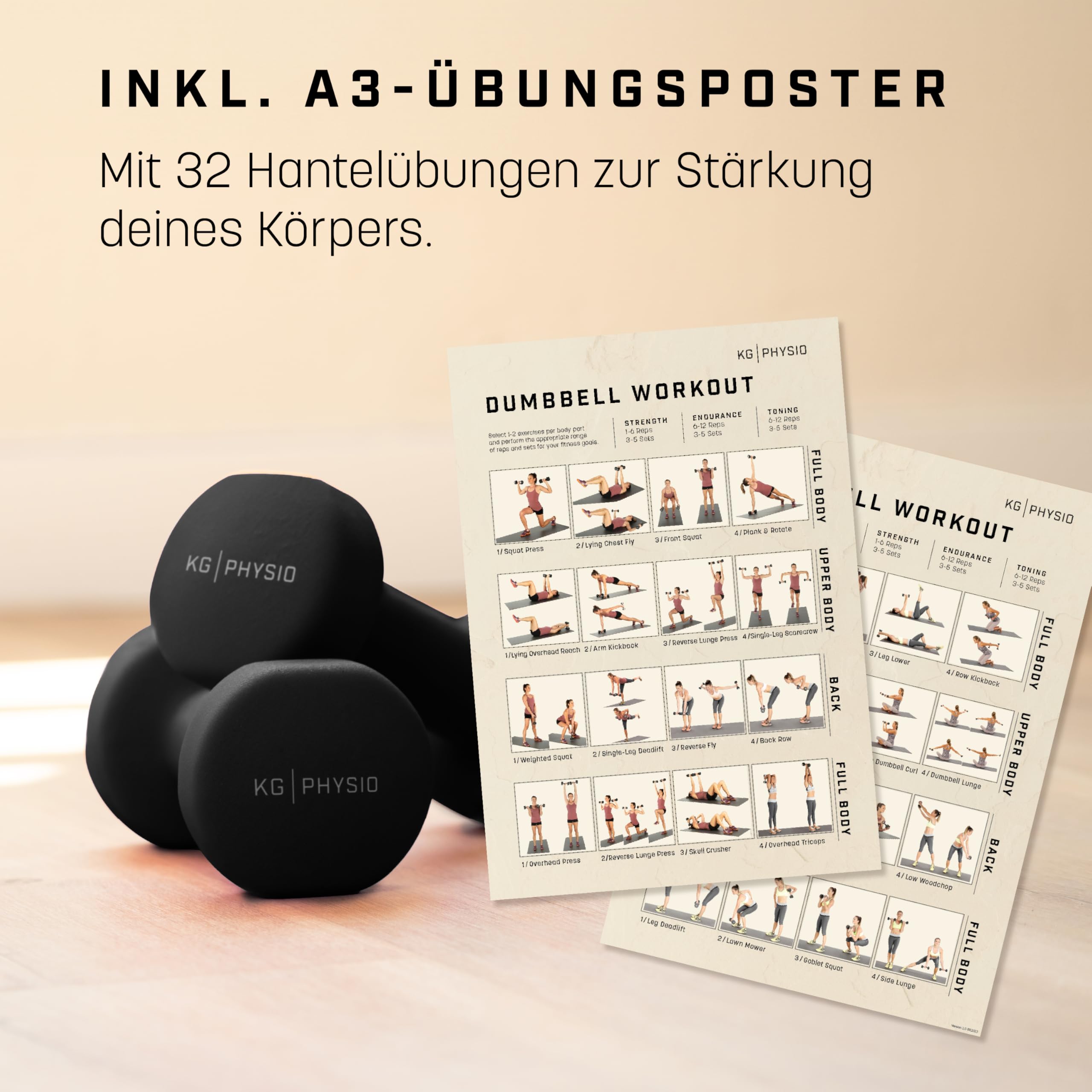 KG PHYSIO Neopren Hanteln Set - Inkl. Fitnessposter mit 32 Übungen, schweißabweisendes Kurzhanteln 2er Set aus Gusseisen, rutschfeste & griffige Fitness Gewichte für Frauen und Männer