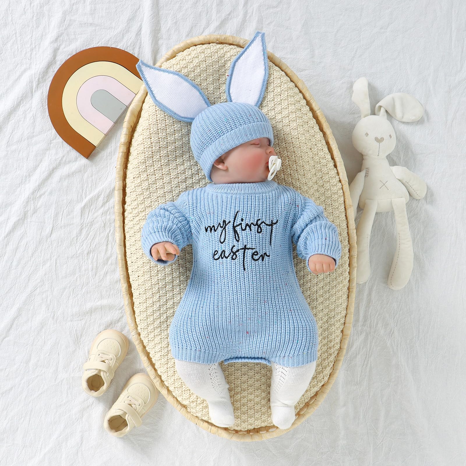Amnnchya My First Easter Baby Girl Boy Outfit Newborn Knit Sweater Long Sleeve Oversized Pullover Sweatshirt Romper (Blue, 0-3 Months)